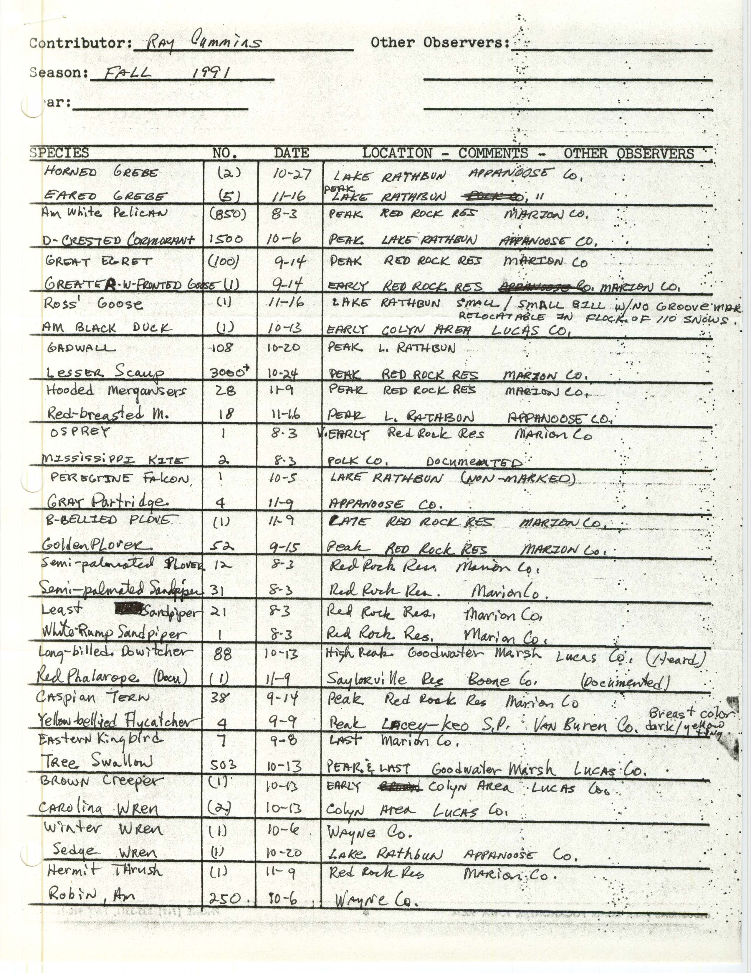 Field notes contributed by Raymond L. Cummins, fall 1991
