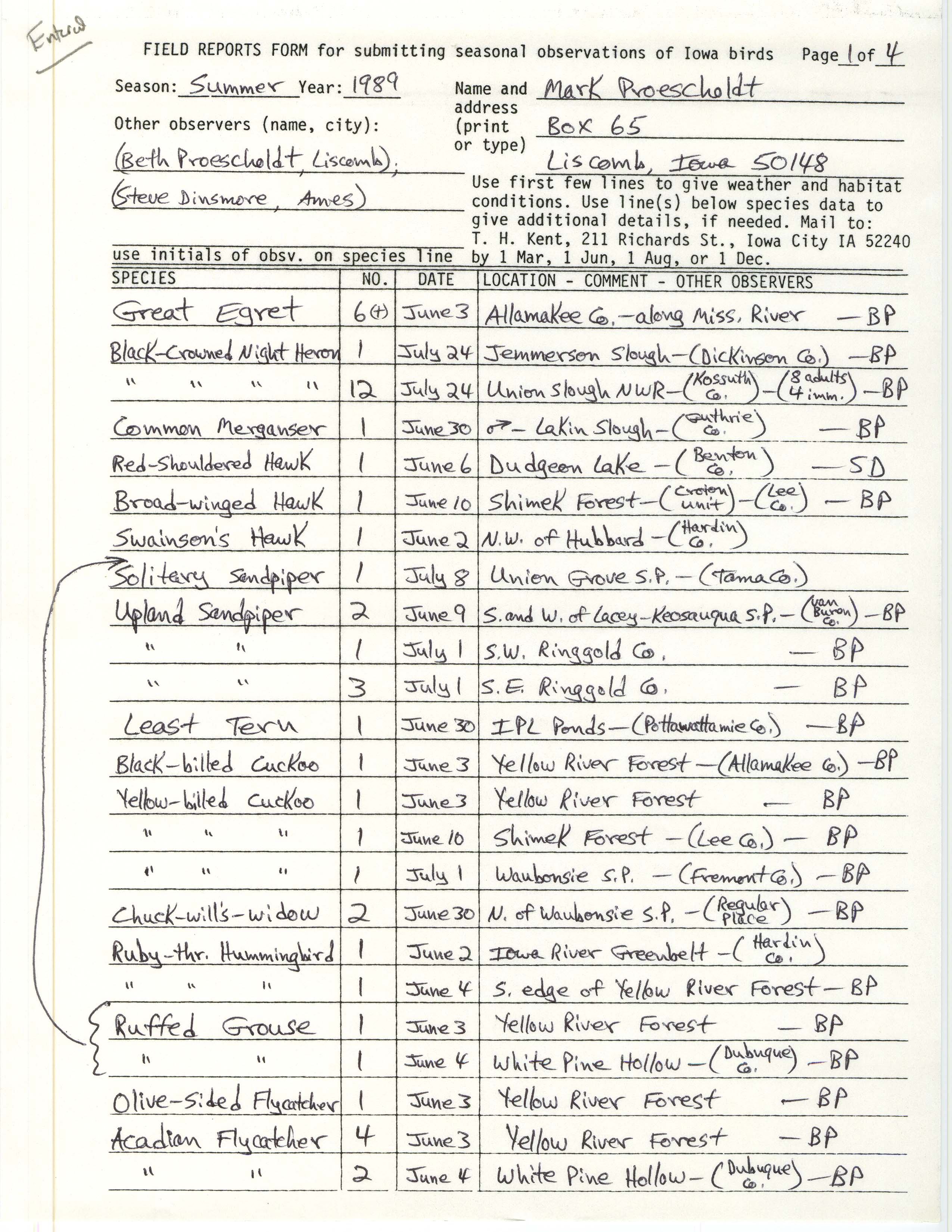 Field reports form for submitting seasonal observations of Iowa birds, Mark Proescholdt, summer 1989