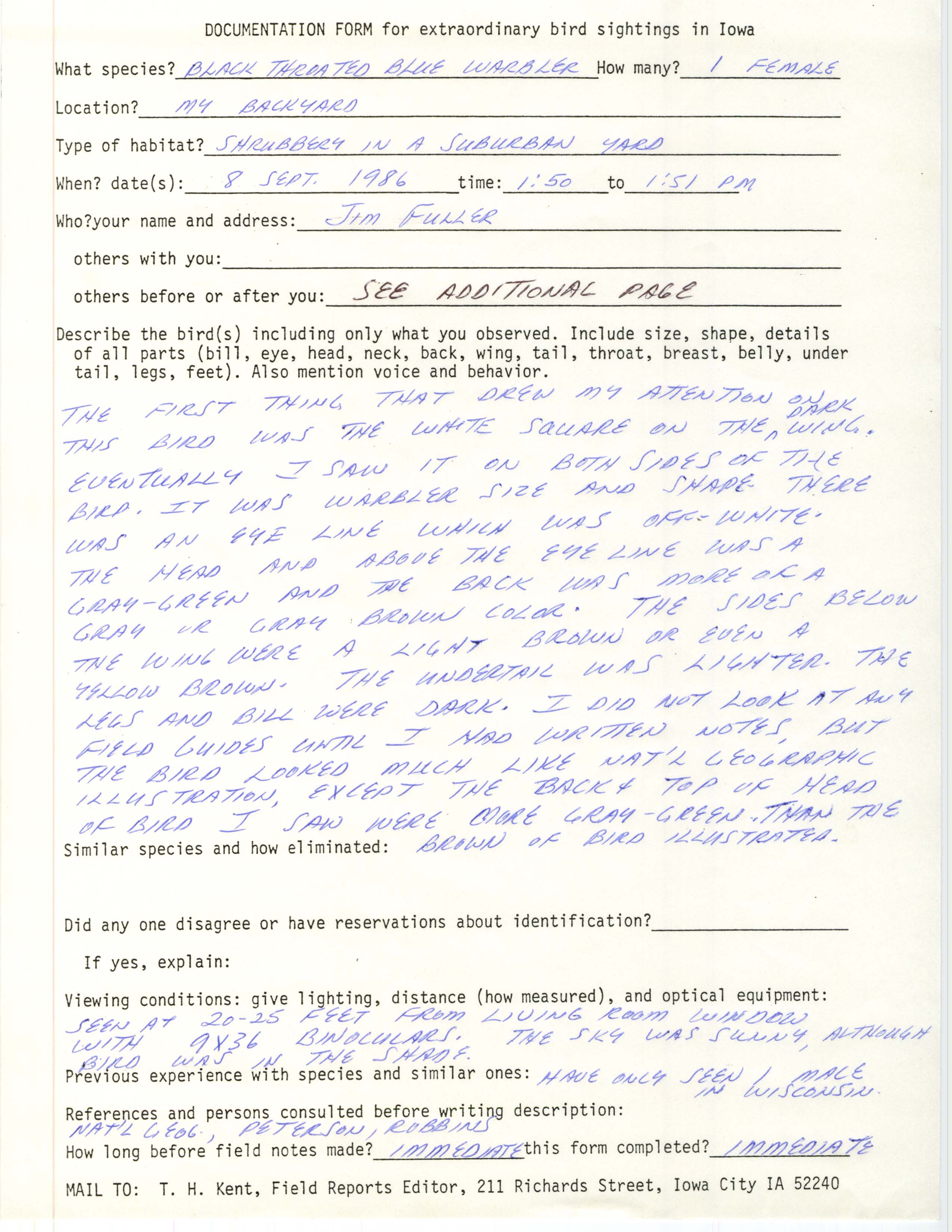 Rare bird documentation form for Black-throated Blue Warbler at Iowa City, 1986