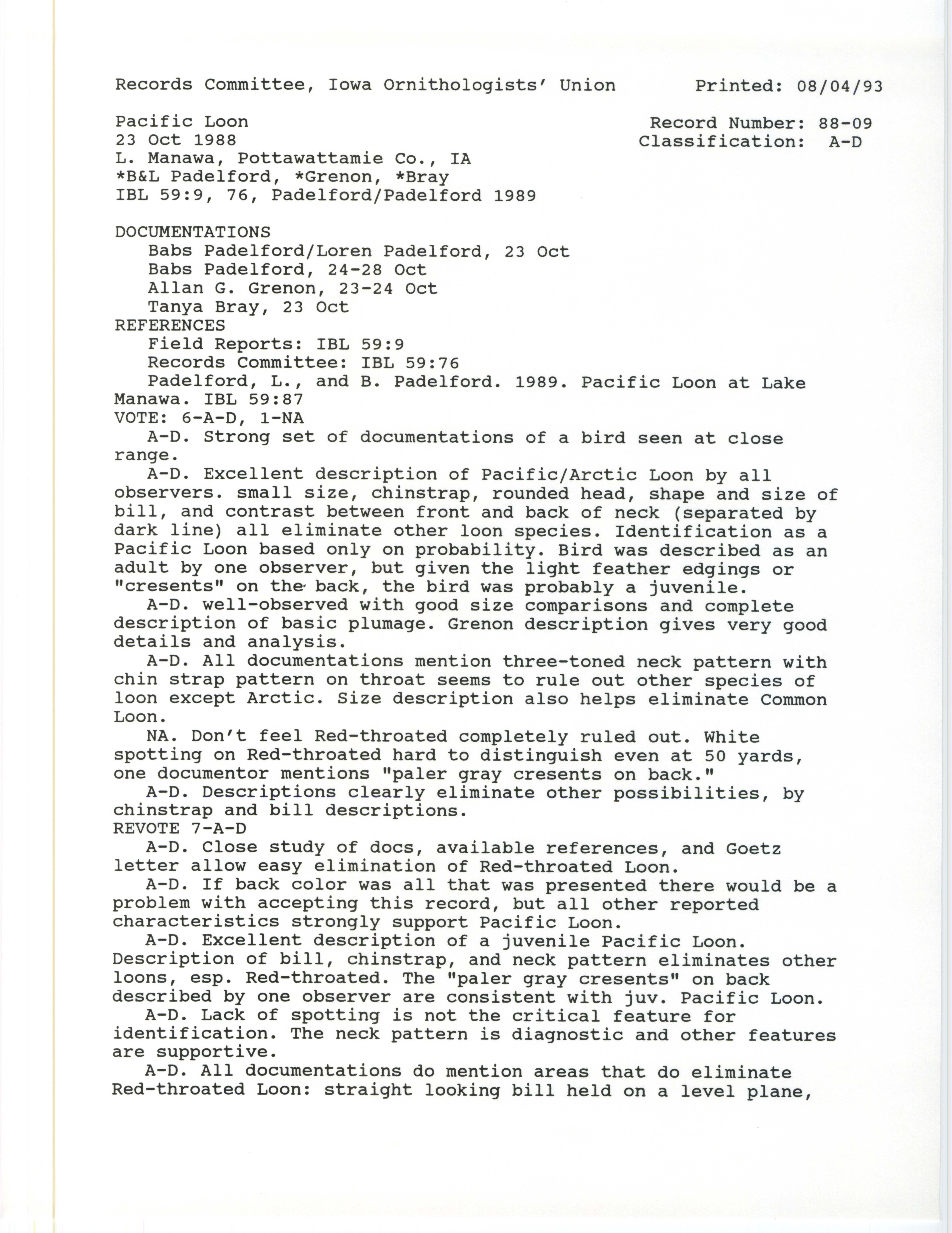 Records Committee review for rare bird sighting of Pacific Loon at Lake Manawa, 1988