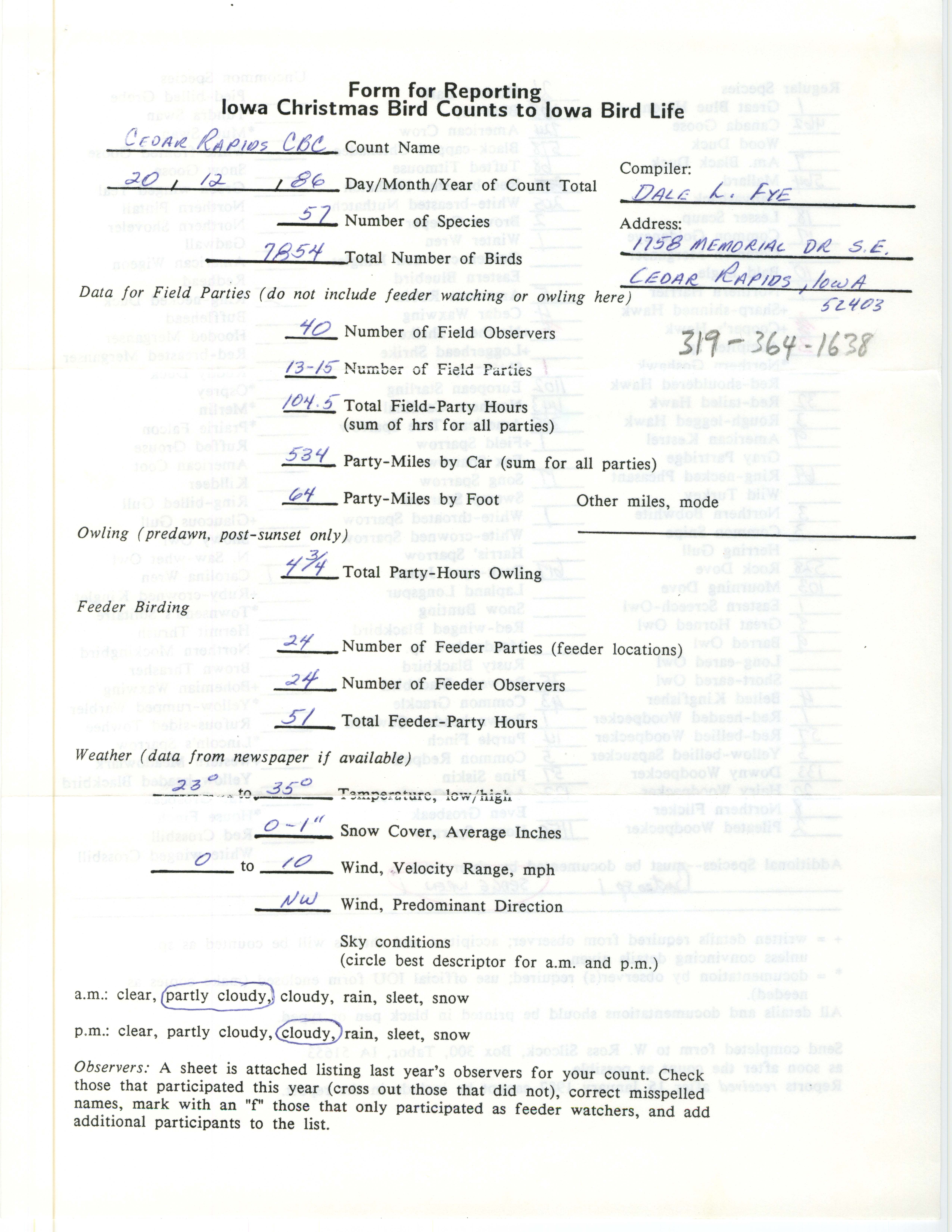 Form for reporting Iowa Christmas bird counts to Iowa Bird Life, Dale Fye, December 20, 1986