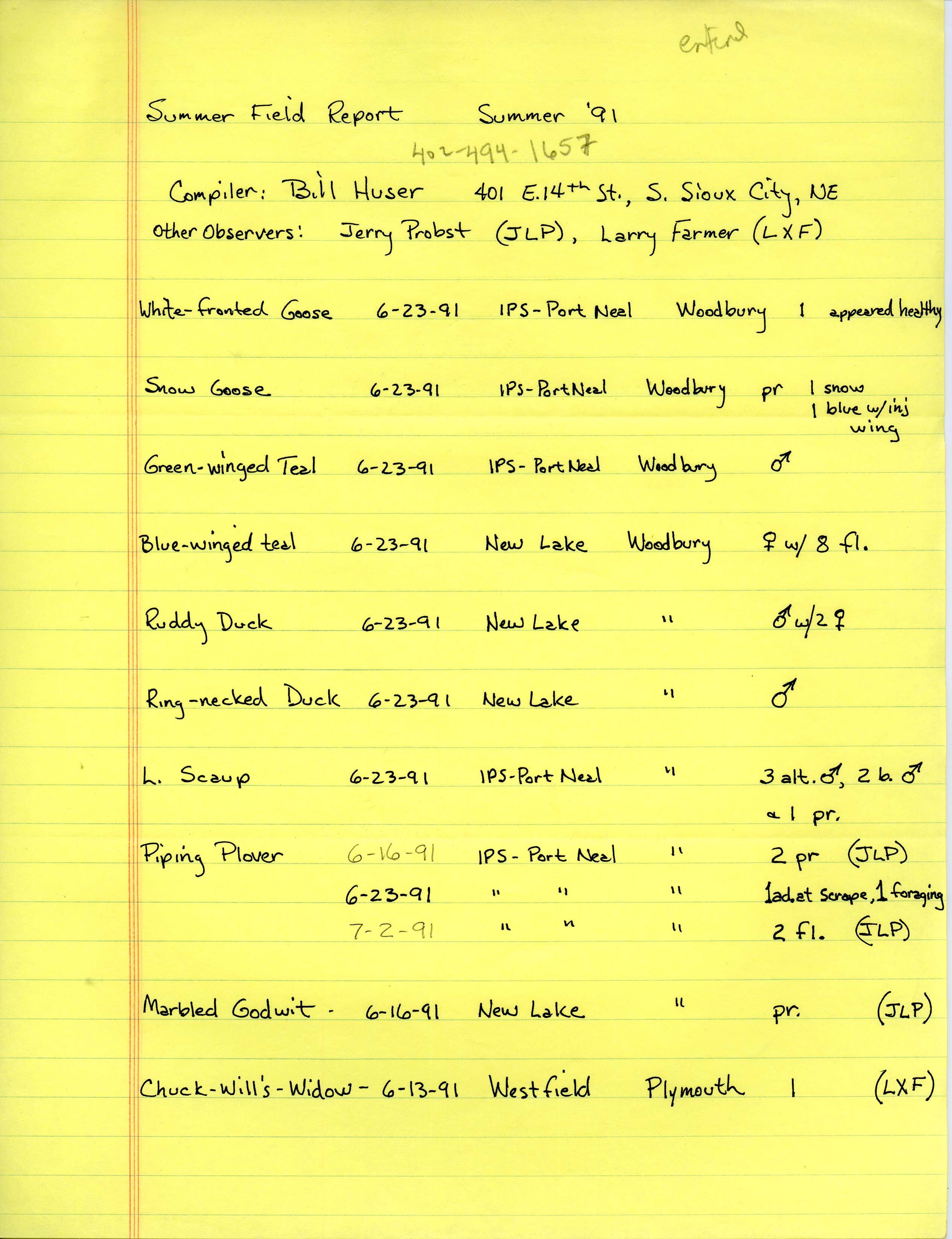Field notes contributed by Bill F. Huser, summer 1991