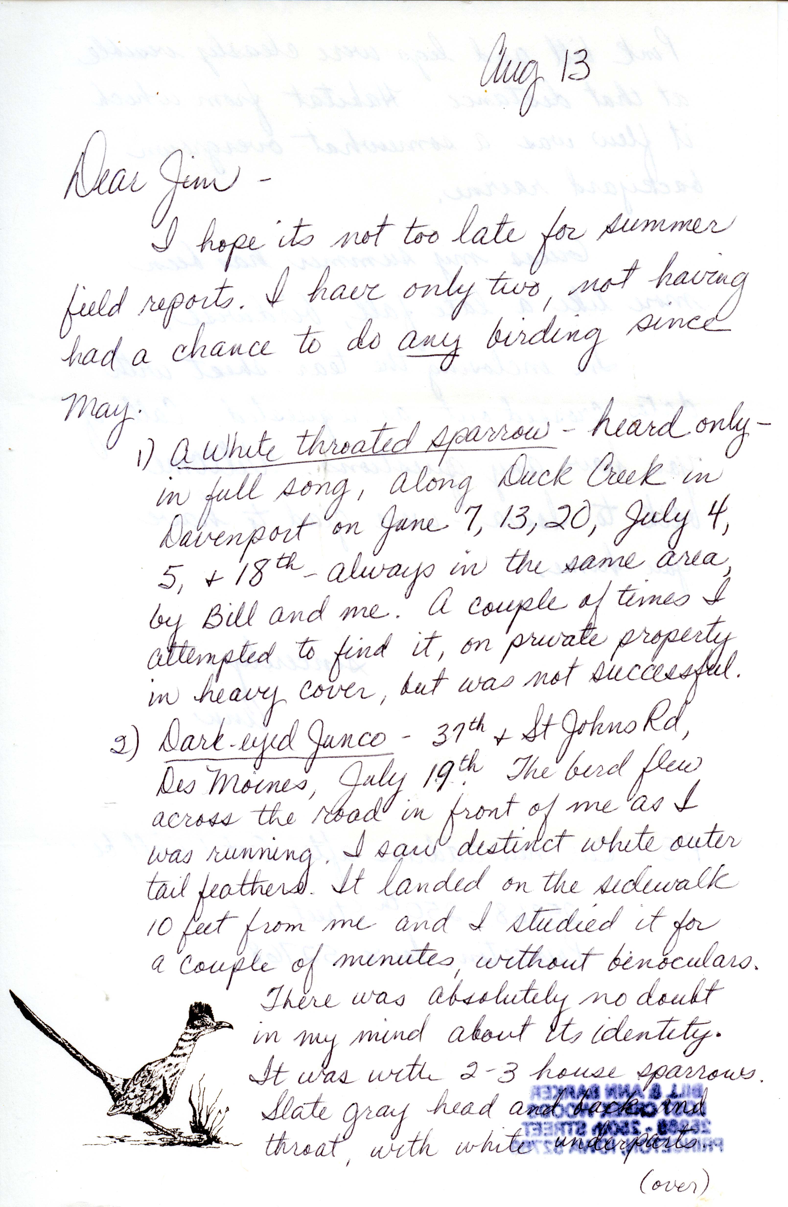 Ann M. Barker letter to James J. Dinsmore regarding summer bird sightings, August 13, 1987