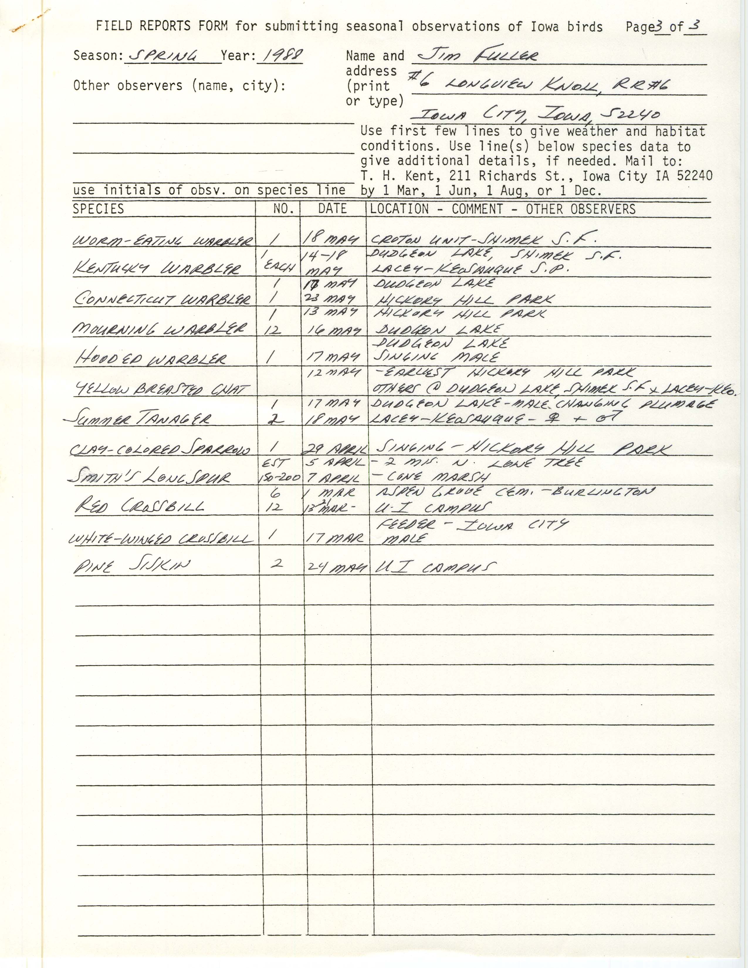 Field reports form for submitting seasonal observations of Iowa birds, James L. Fuller, spring 1988