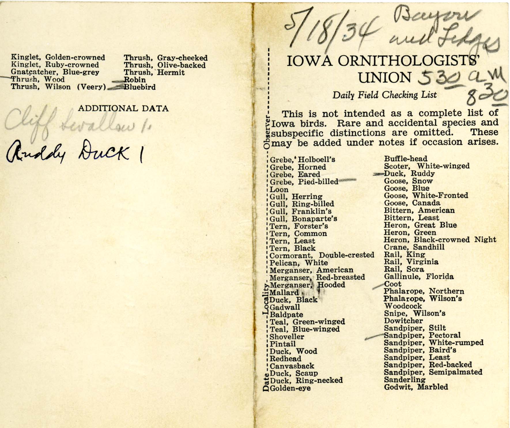 Daily field checking list, Walter Rosene, May 18, 1934