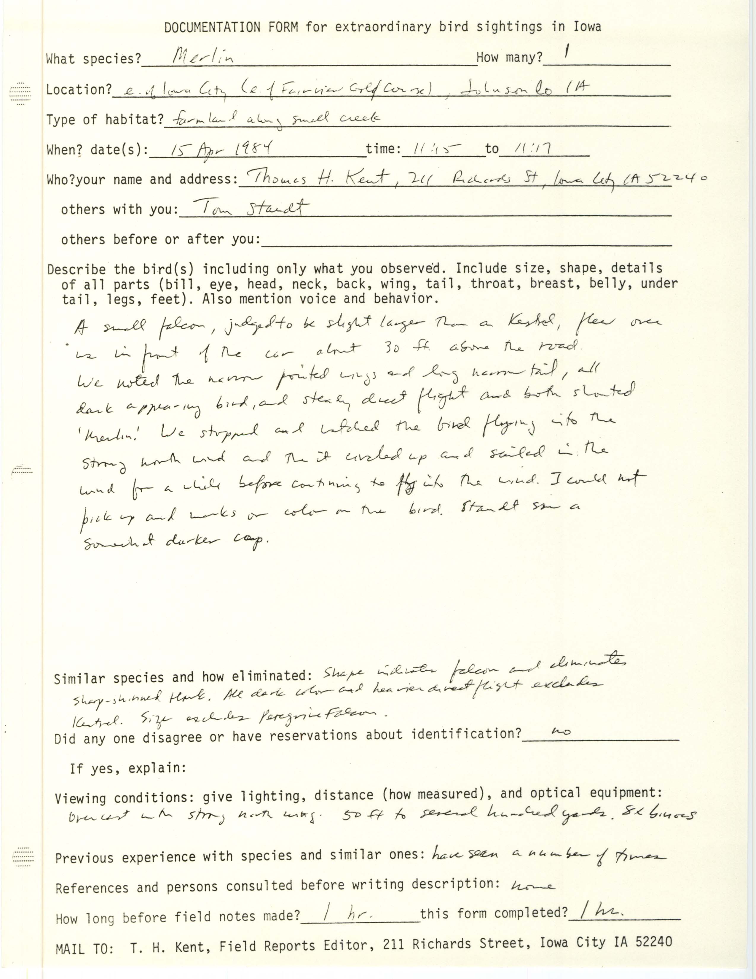 Rare bird documentation form for Merlin east of Fairview Golf Course in Iowa City, 1984
