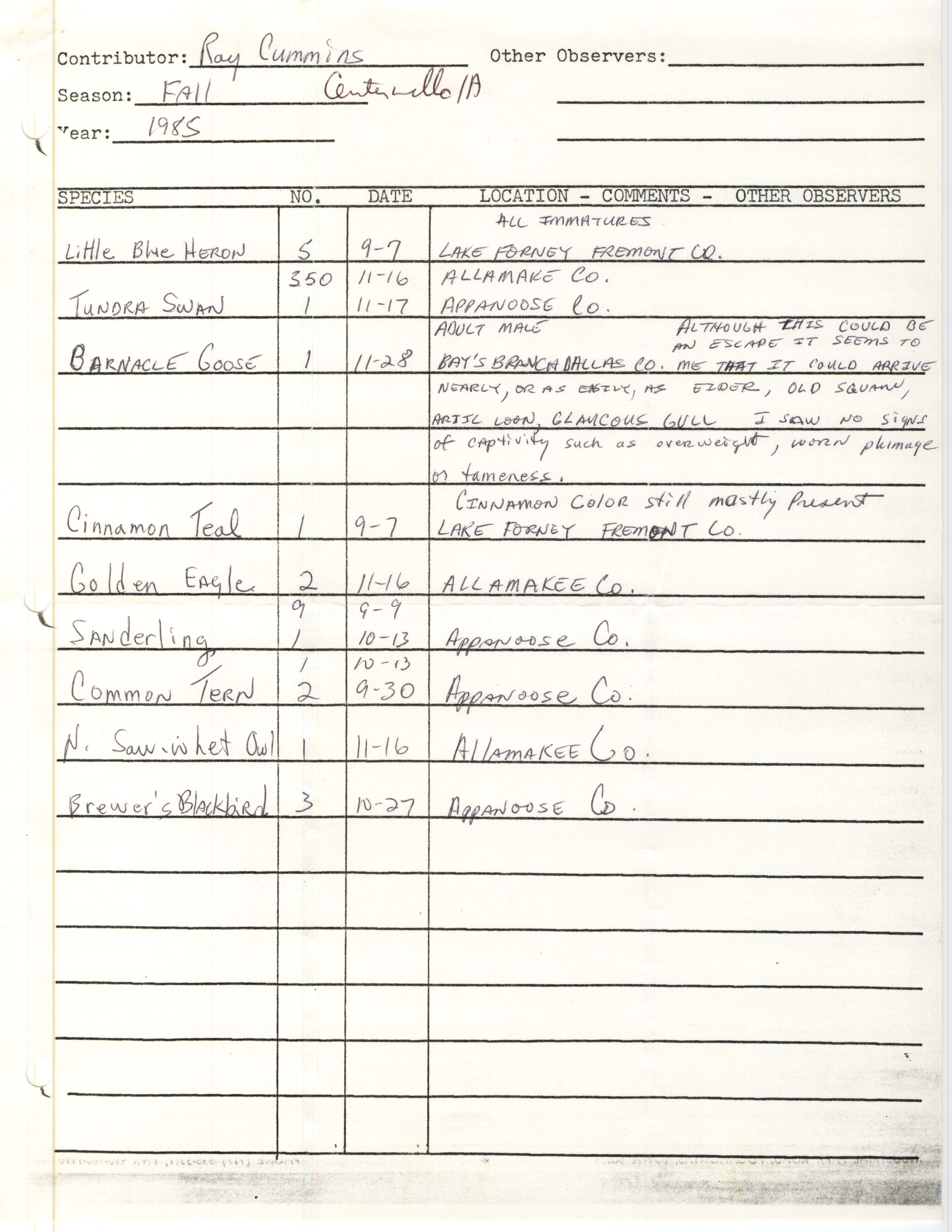 Annotated bird sighting list for Fall 1985 compiled by Ray Cummins