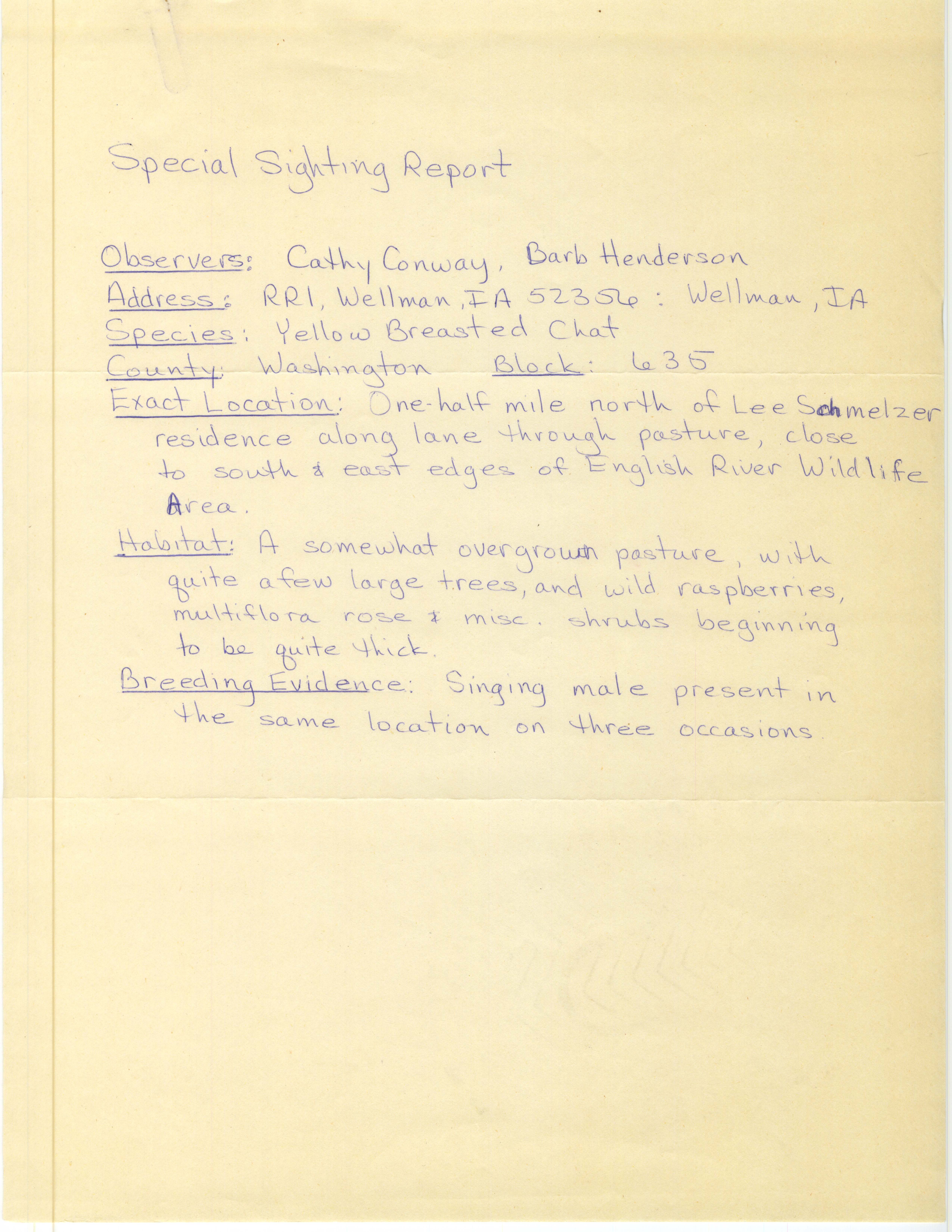 Special sighting report, Cathy C. Conway and Barbara Henderson, summer 1987