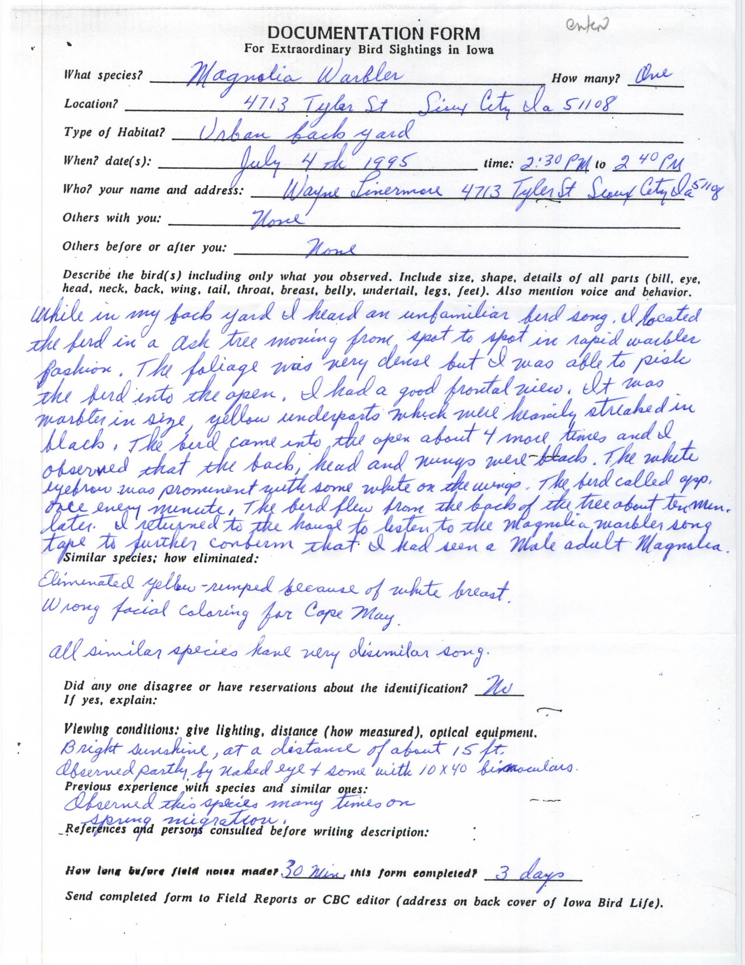 Rare bird documentation form for Magnolia Warbler at Sioux City, 1995