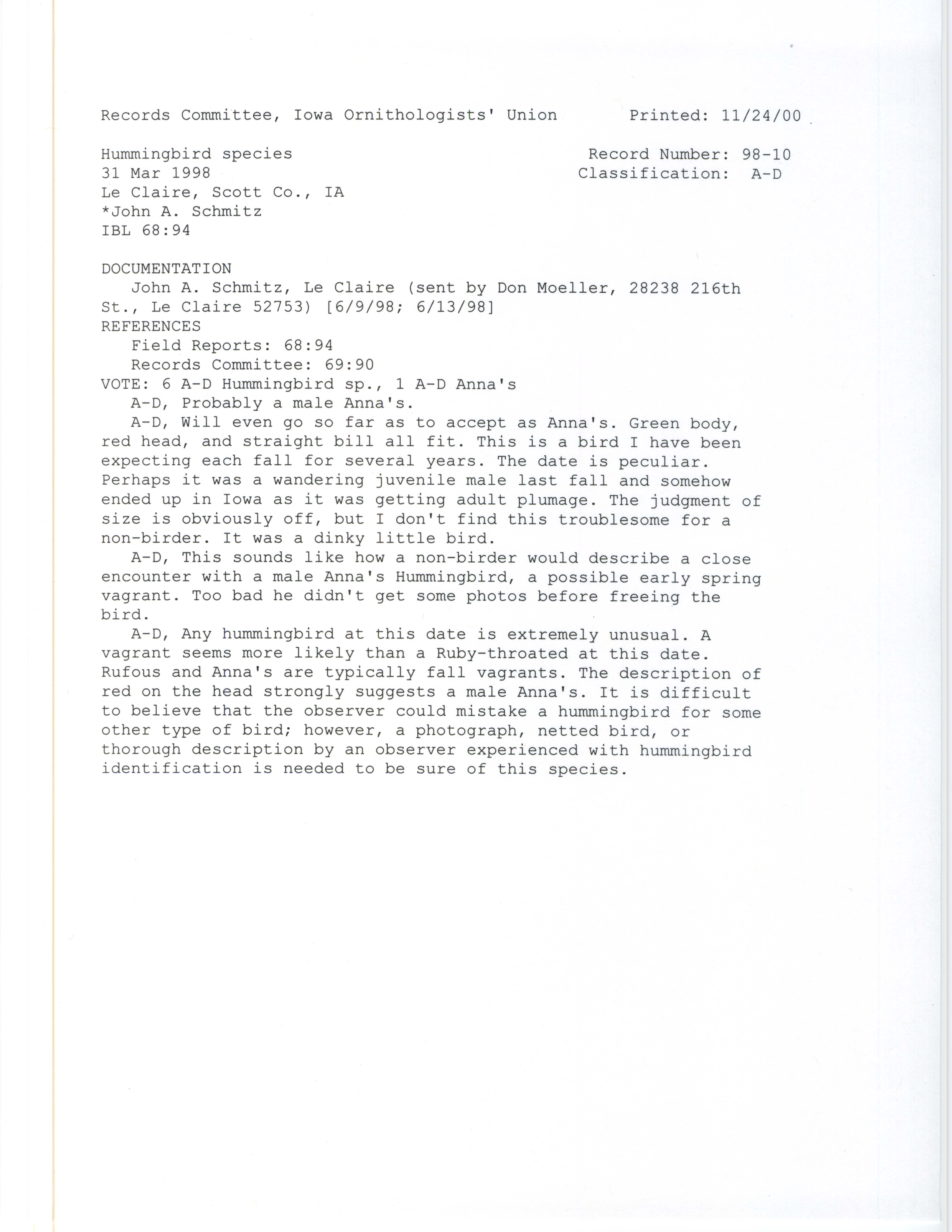 Records Committee review for rare bird sighting for a Hummingbird species in Le Claire, 1998