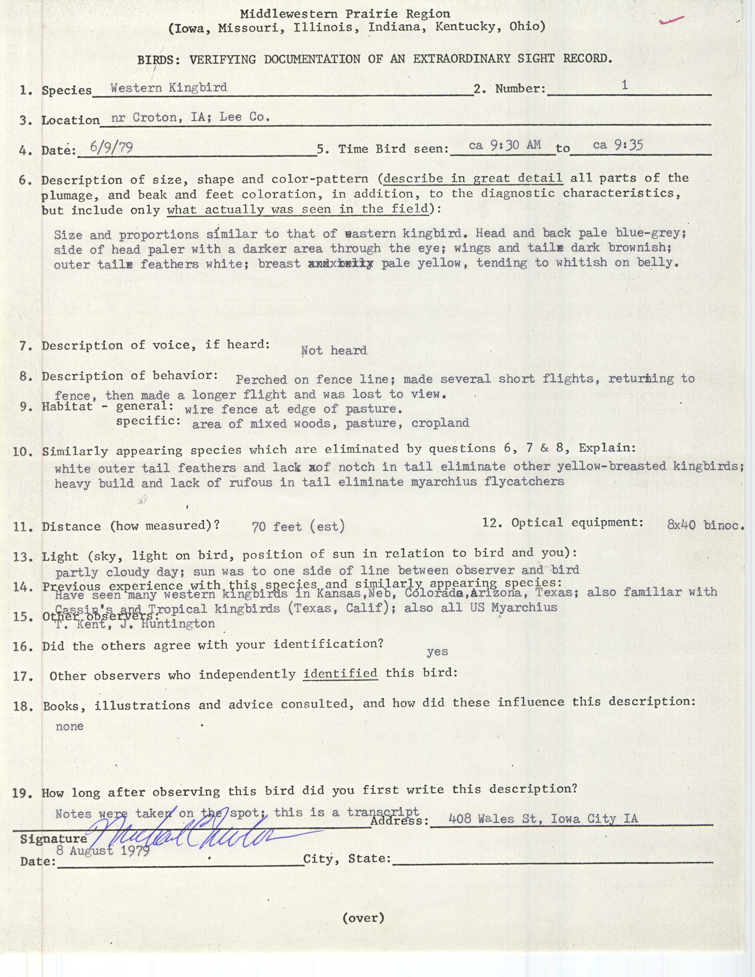 Rare bird documentation form for Western Kingbird near Croton, 1979