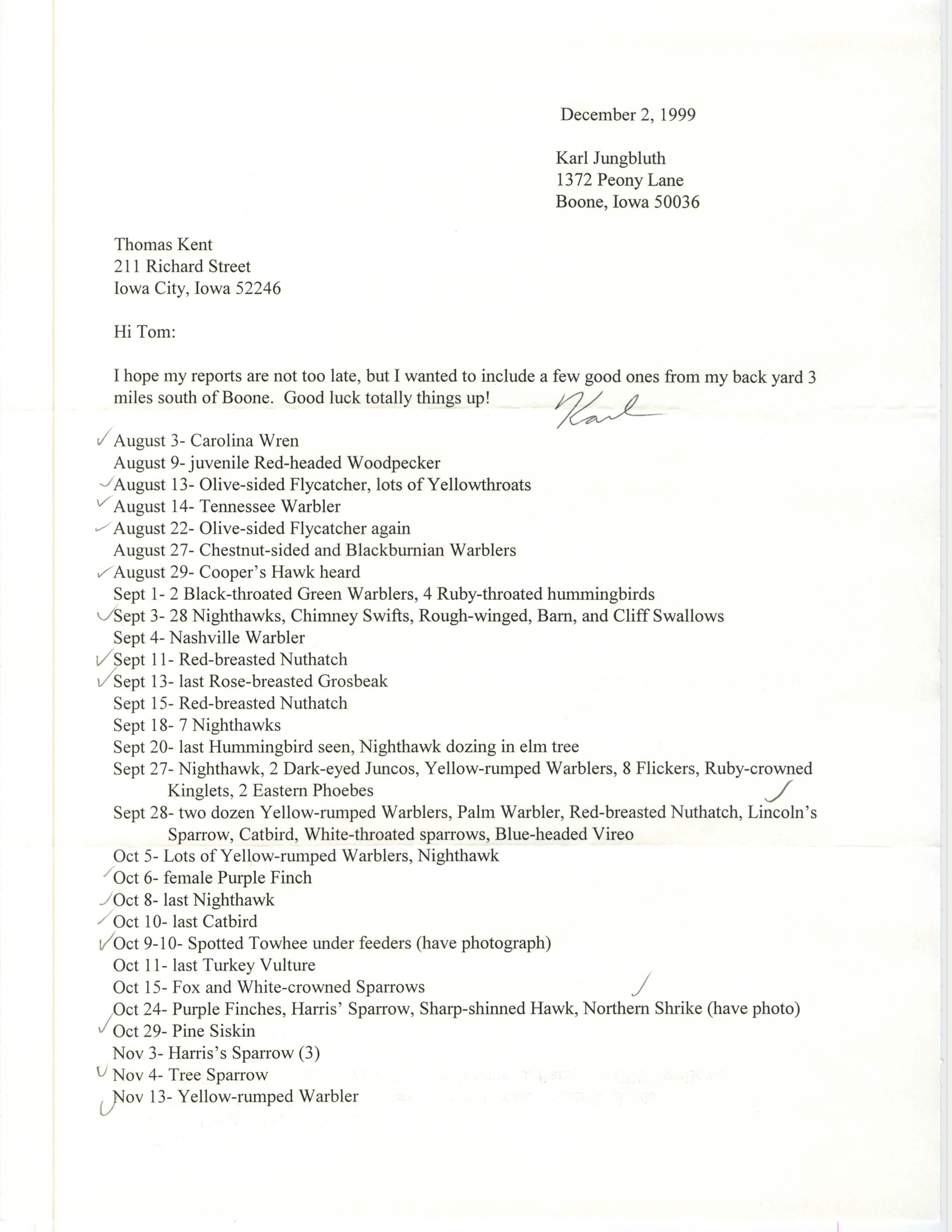 Karl Jungbluth letter to Thomas Kent regarding fall reports, December 2, 1999