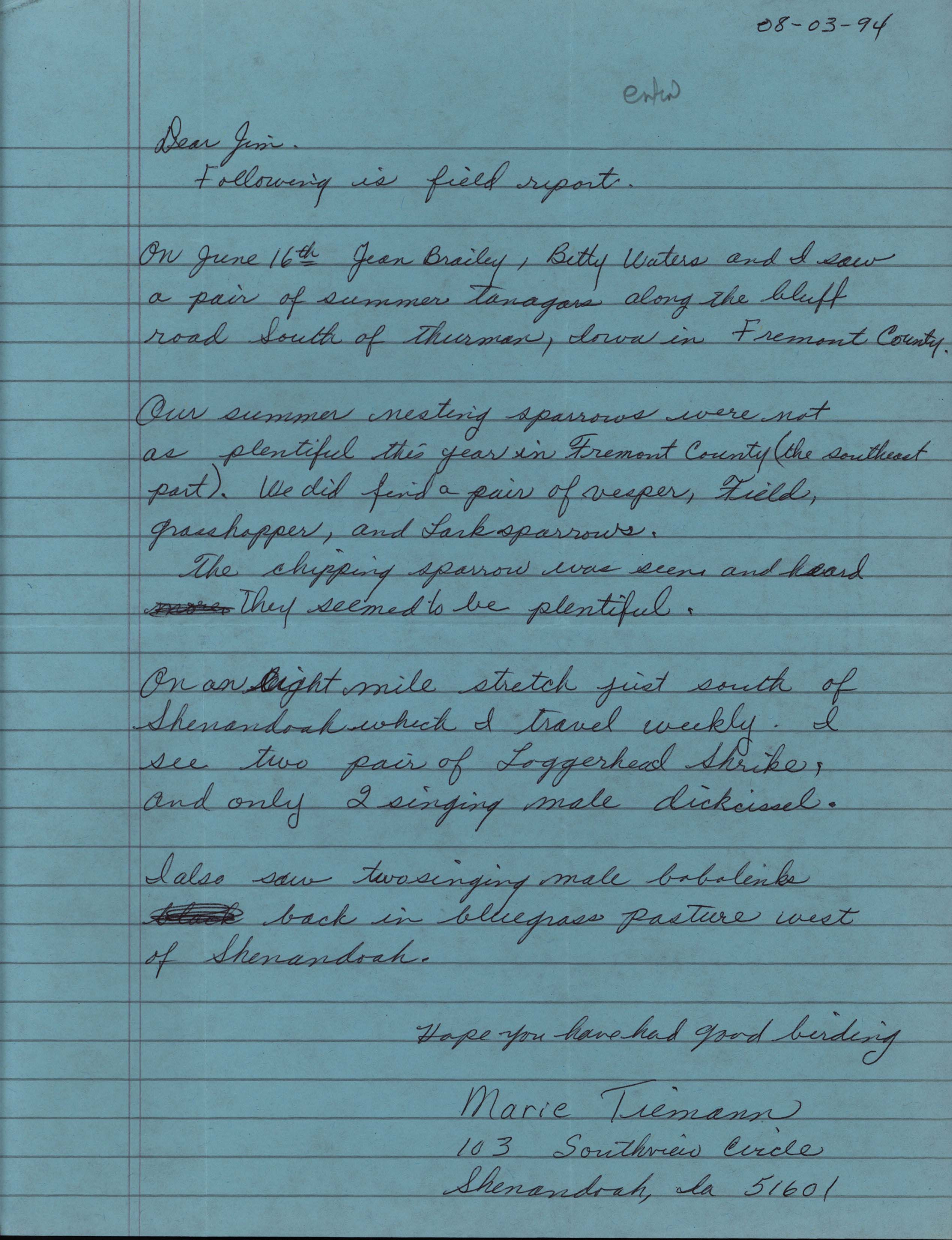 Marie Tiemann letter to Jim Dinsmore regarding summer sightings, August 3, 1994