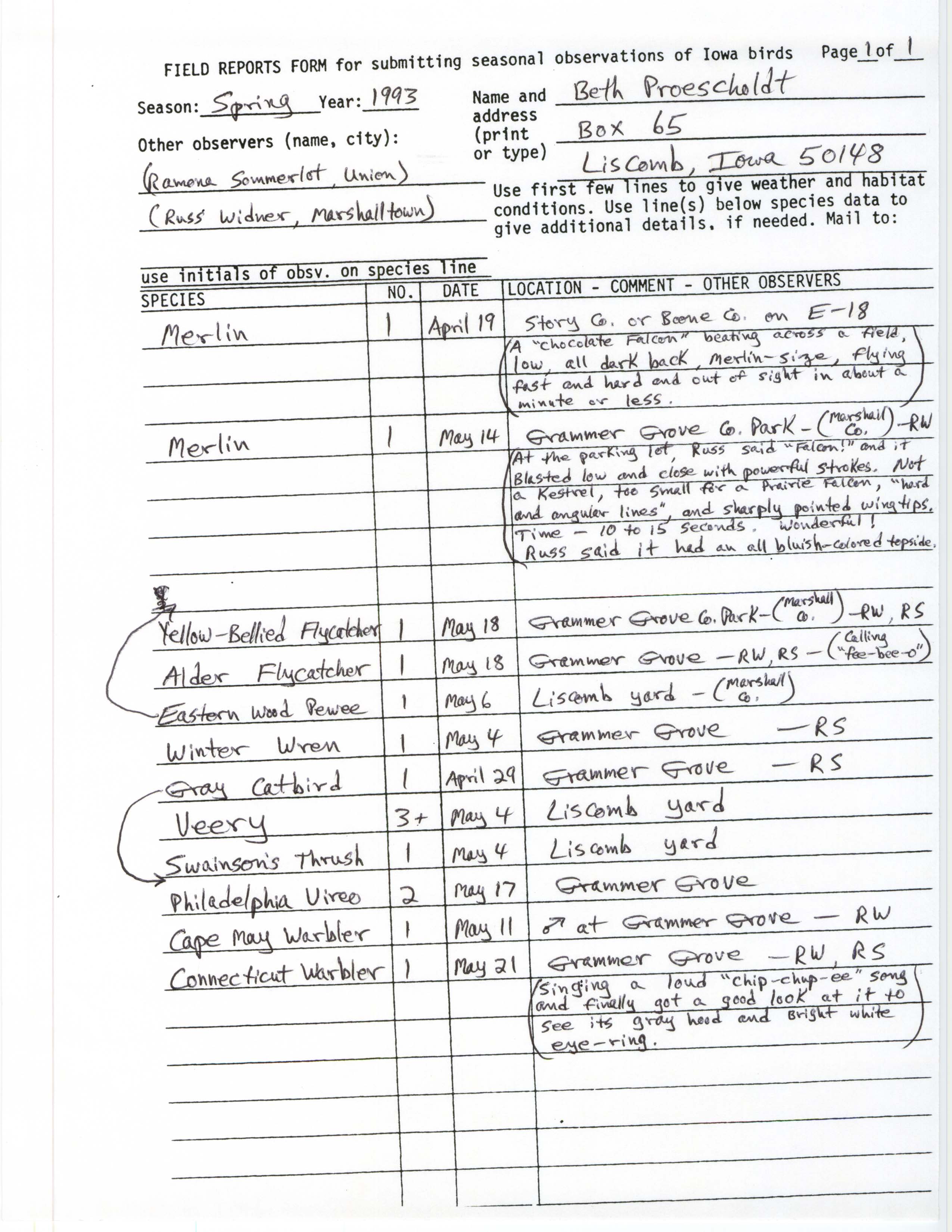 Field reports form for submitting seasonal observations of Iowa birds, Beth Proescholdt, Spring 1993