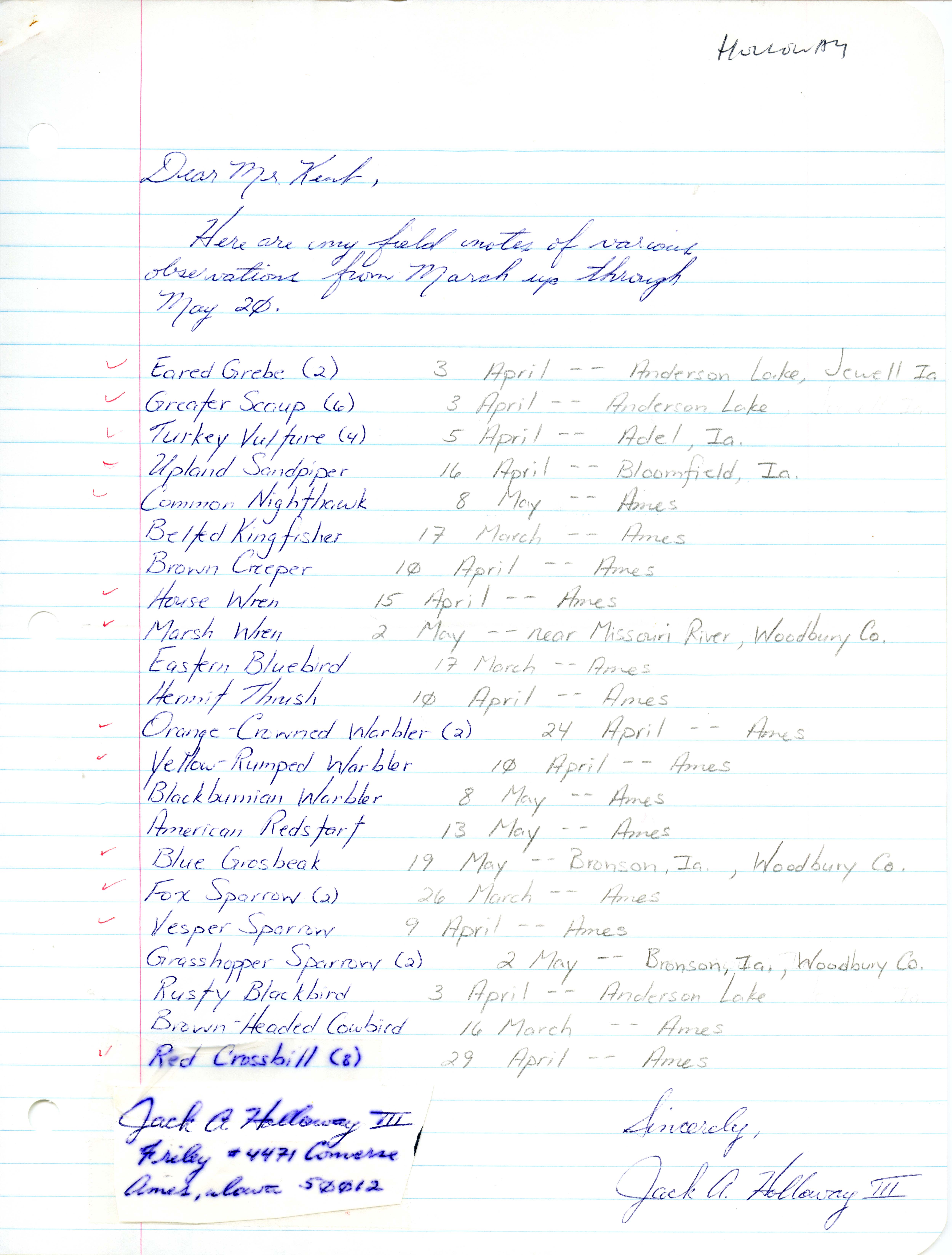 Jack A. Holloway III letter to Thomas H. Kent, spring 1985, regarding bird sightings
