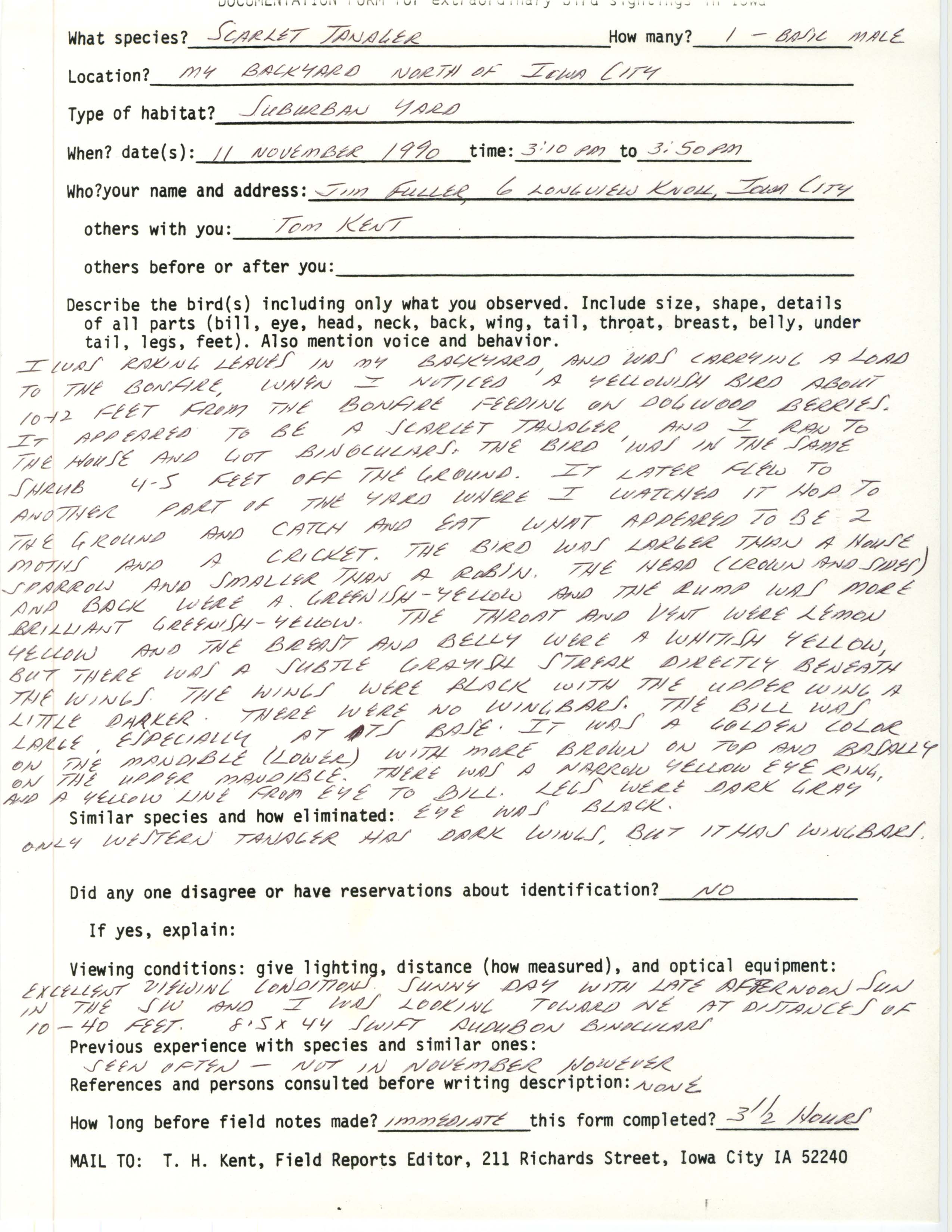 Rare bird documentation form for Scarlet Tanager north of Iowa City, 1990