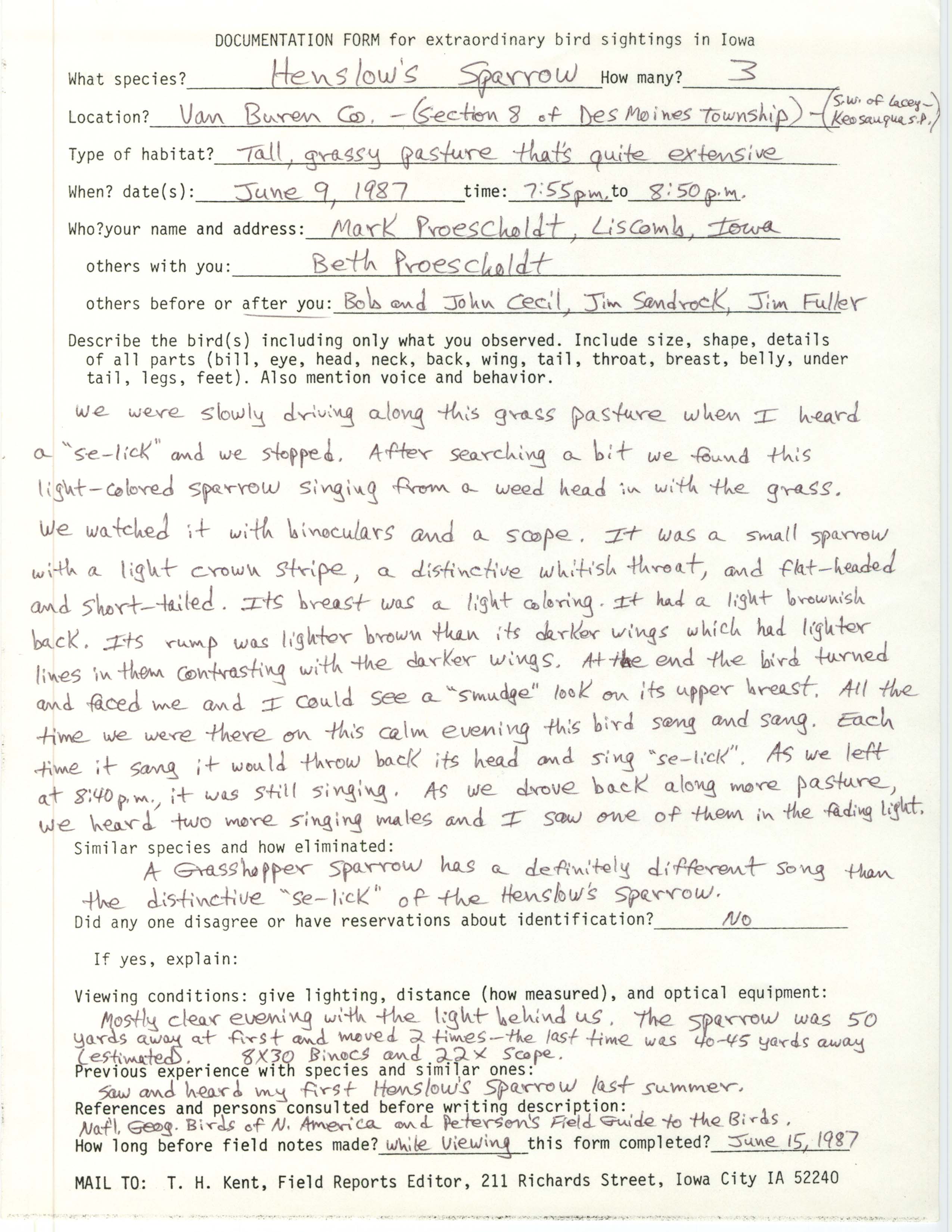 Rare bird documentation form for Henslow's Sparrow at Des Moines Township in Van Buren County, 1987