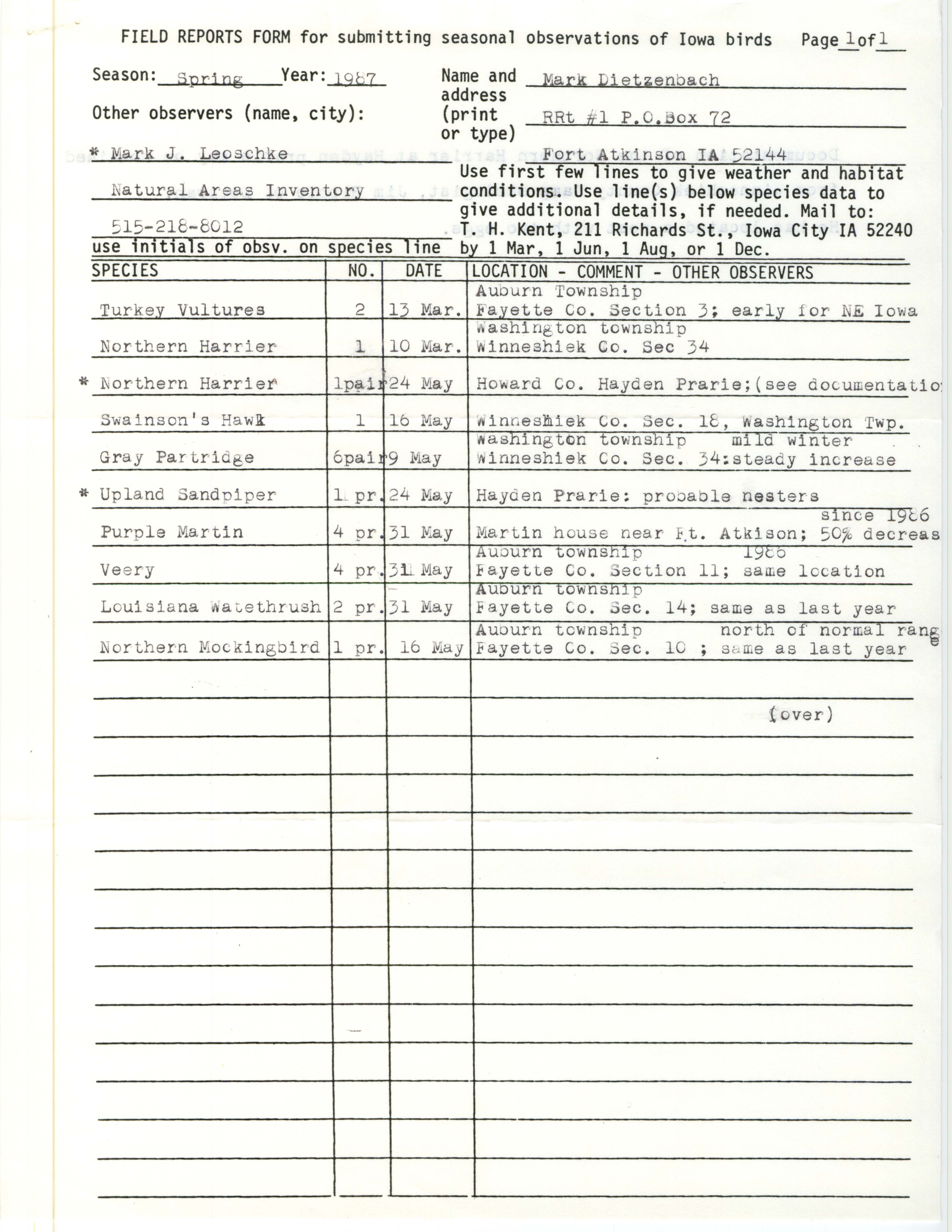 Field reports form for submitting seasonal observations of Iowa birds, Mark A. Dietzenbach, spring 1987