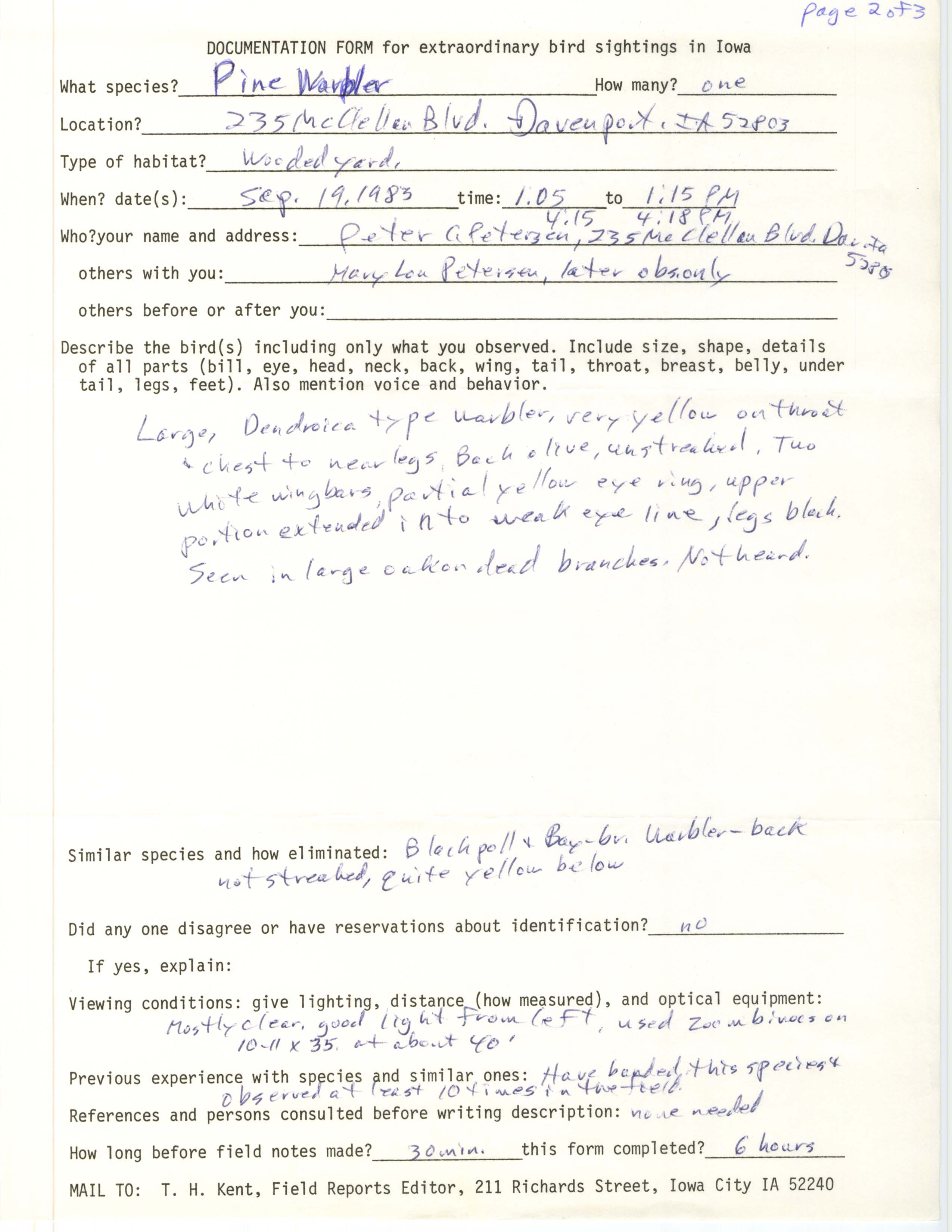 Rare bird documentation form for Pine Warbler at Davenport, 1983