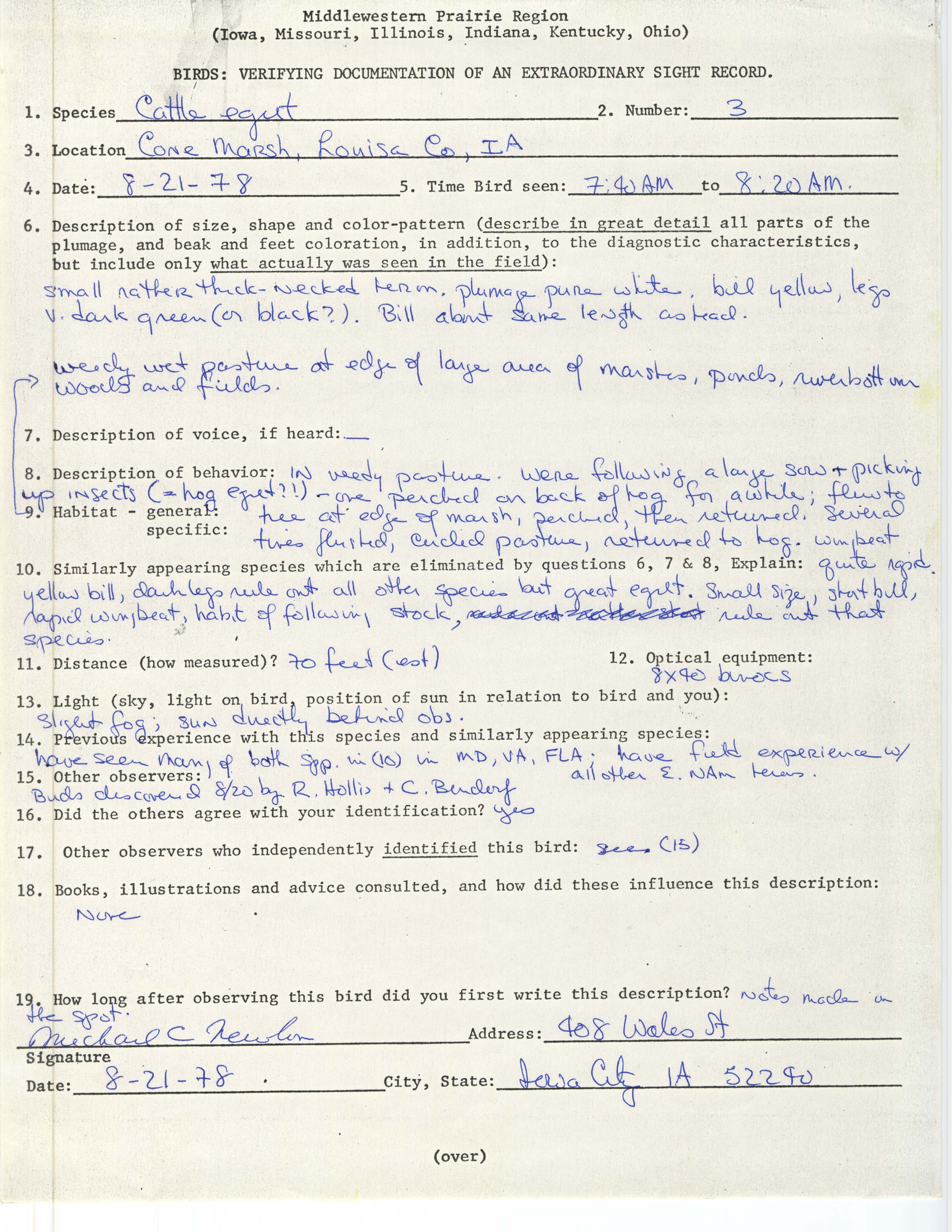 Rare bird documentation form for Cattle Egret at Cone Marsh, 1978