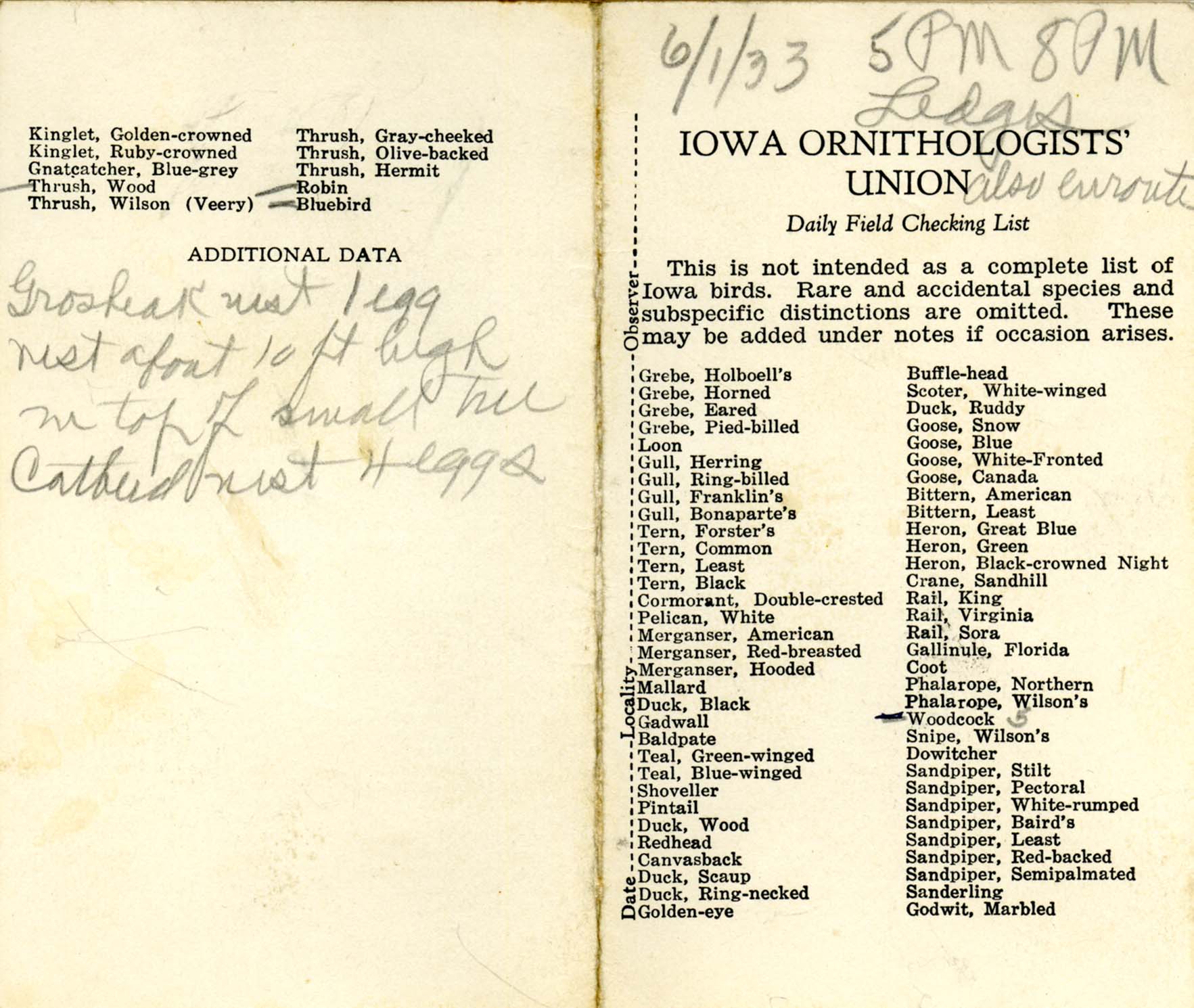 Daily field checking list, Walter Rosene, June 1, 1933 second trip