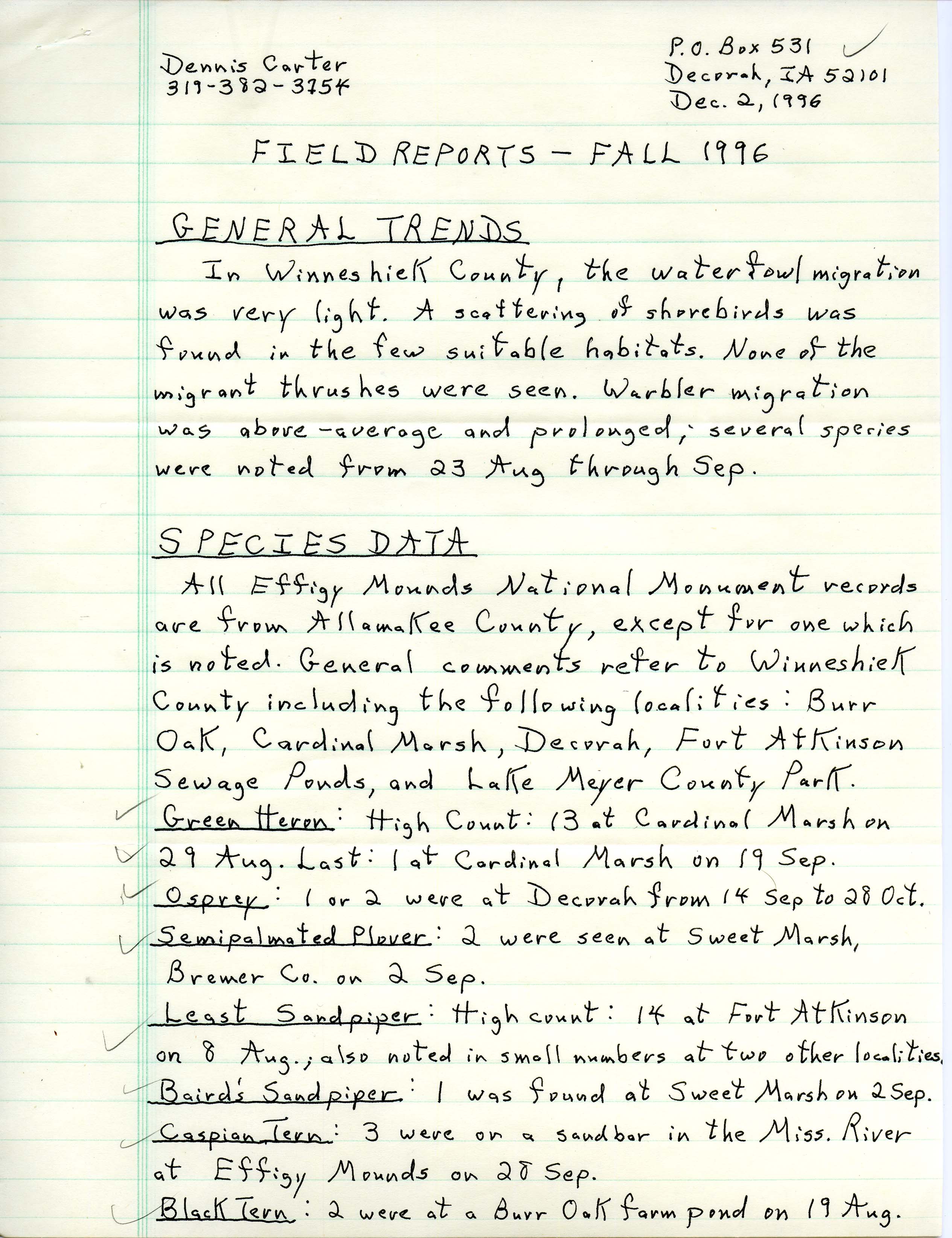 Field notes contributed by Dennis L. Carter, December 2, 1996