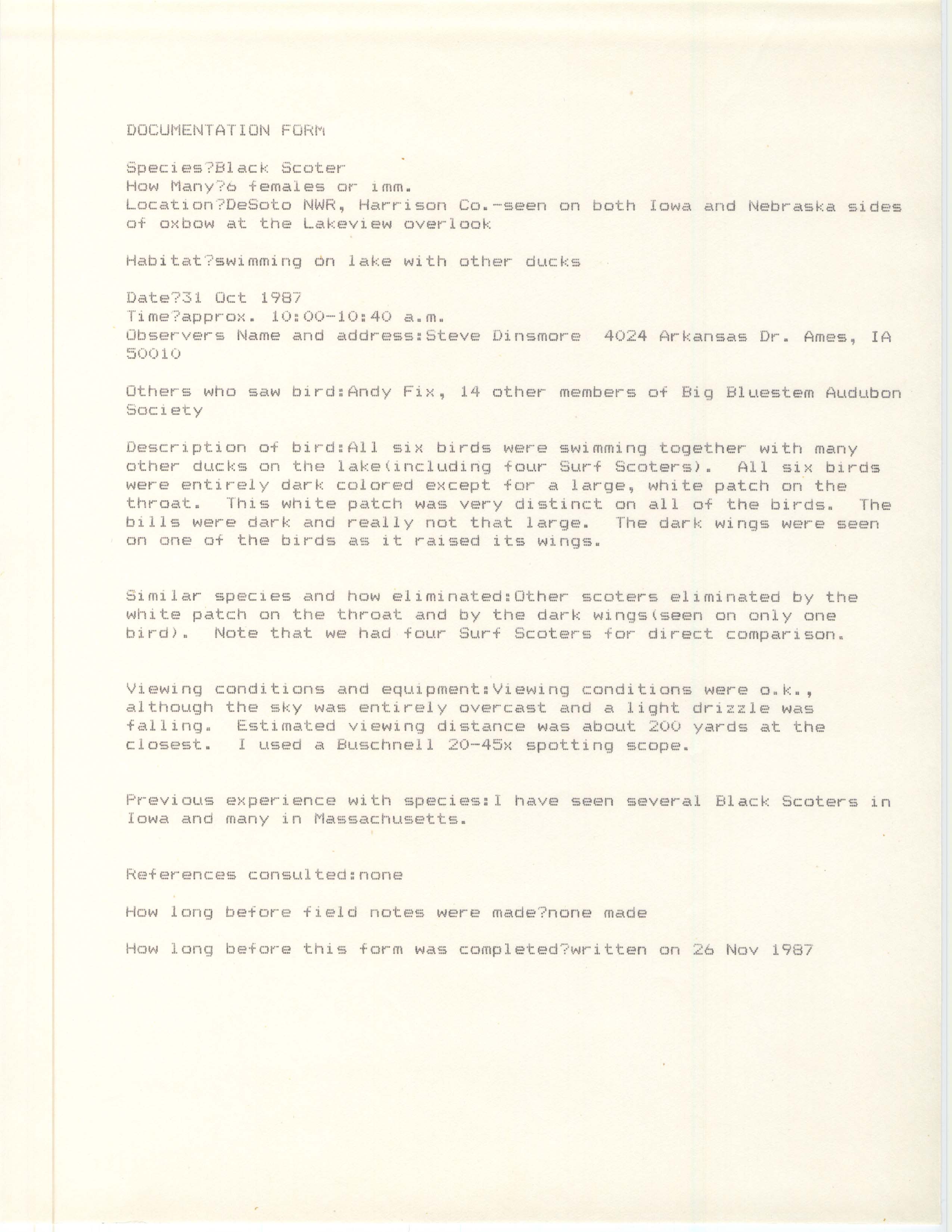 Rare bird documentation form for Black Scoter at DeSoto National Wildlife Refuge, 1987
