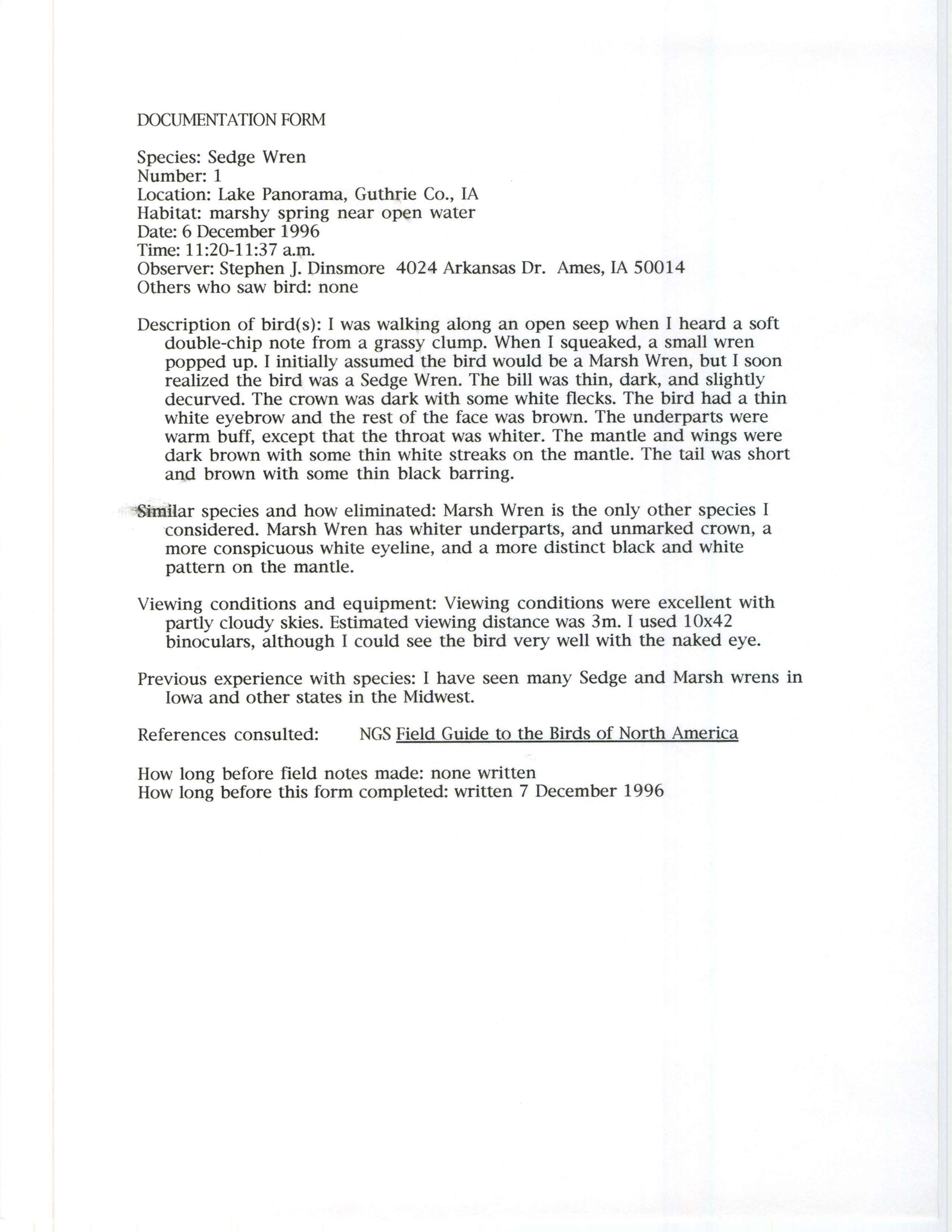 Rare bird documentation form for Sedge Wren at Lake Panorama (water body), 1996