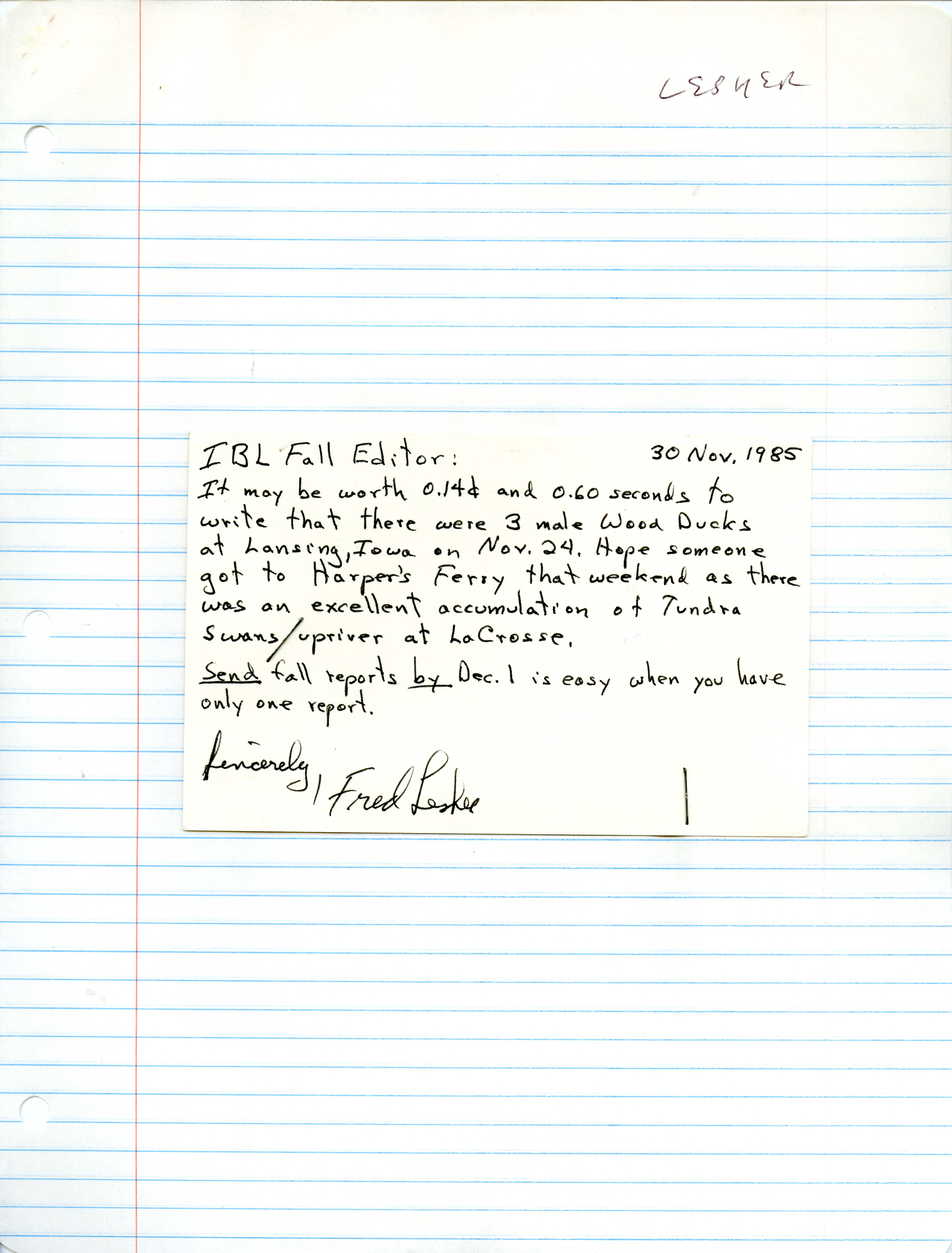 Fred Lesher letter to Thomas Kent regarding Wood Duck sighting, November 30, 1985