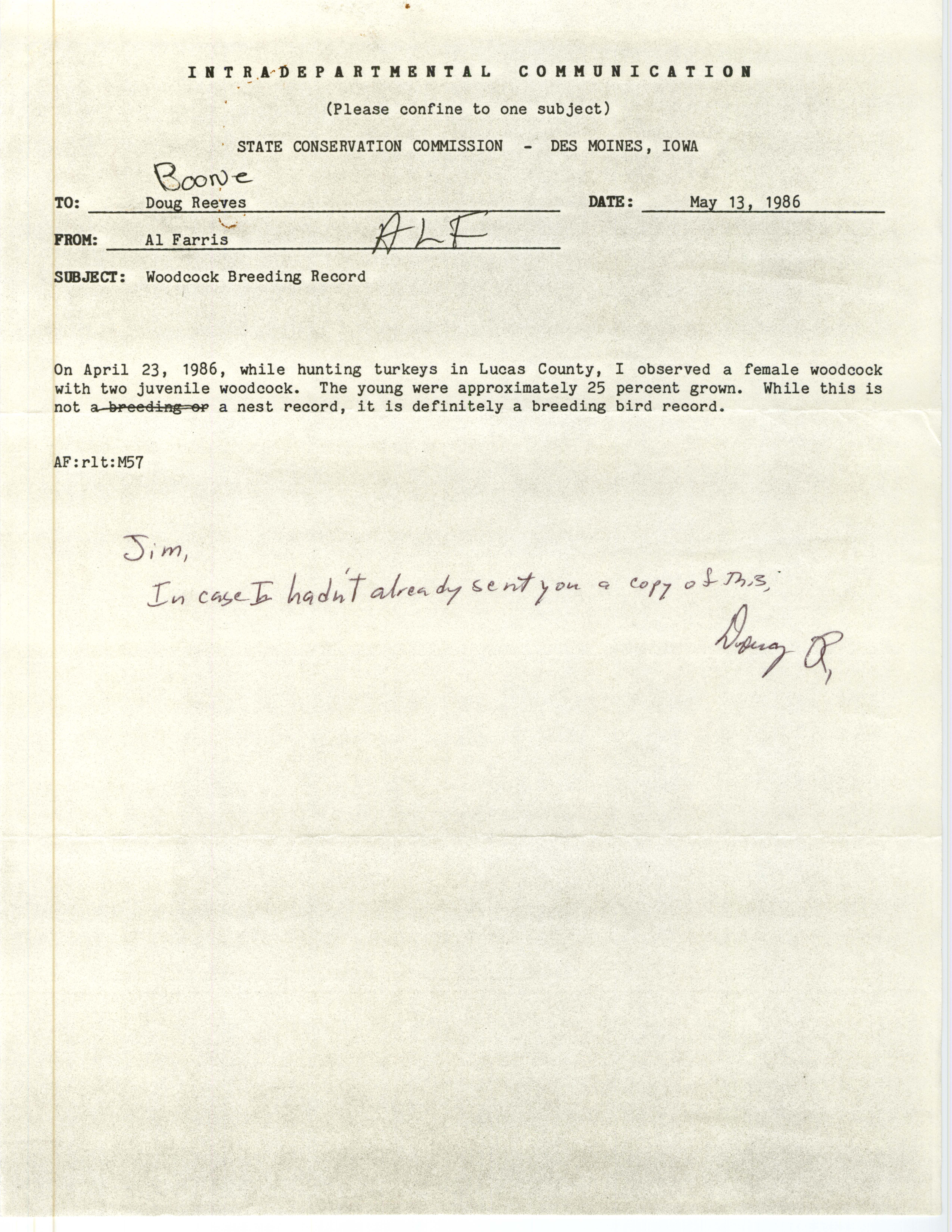 Allen L. Farris letter to Doug Reeves regarding juvenile American Woodcock sightings, May 13, 1986