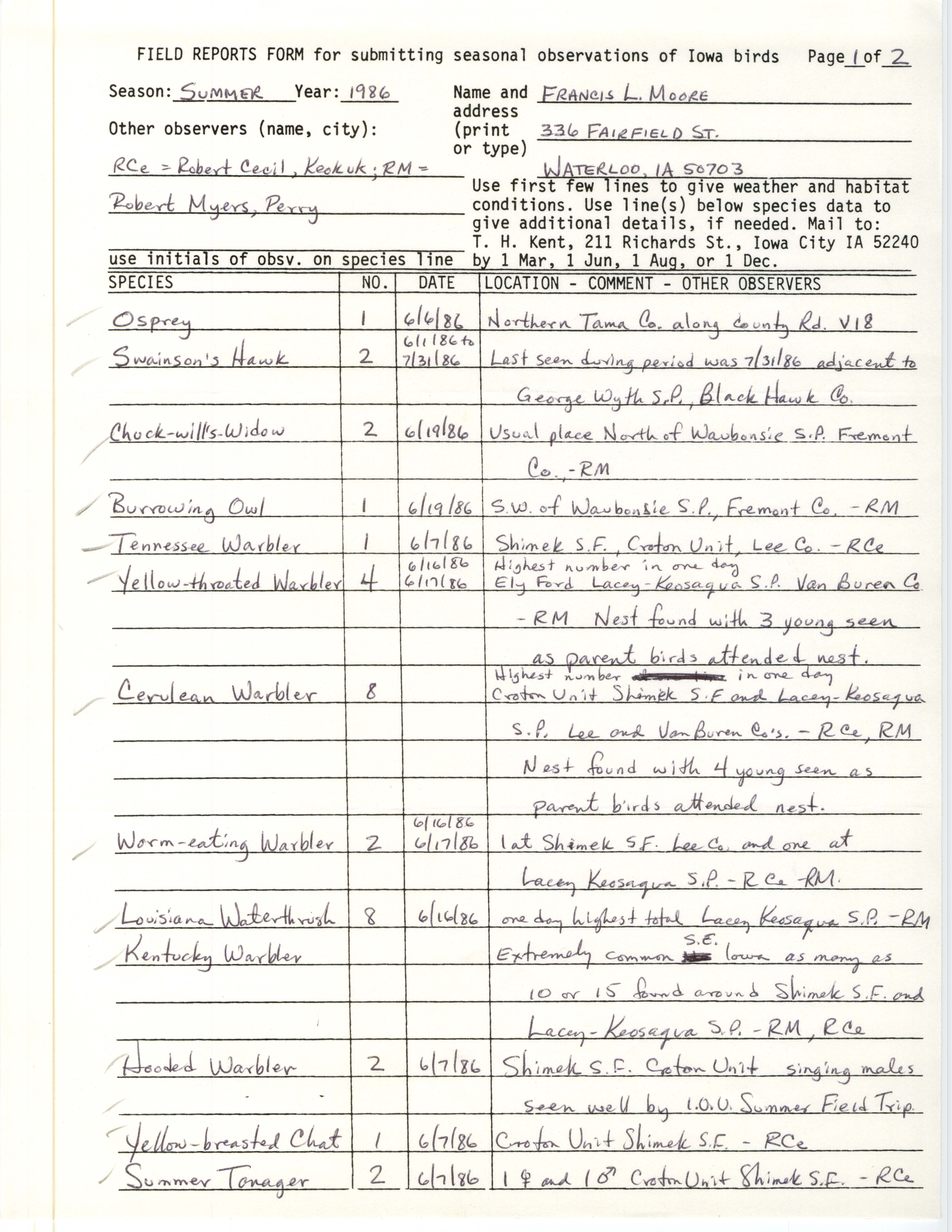 Field reports form for submitting seasonal observations of Iowa birds, Francis L. Moore, summer 1986