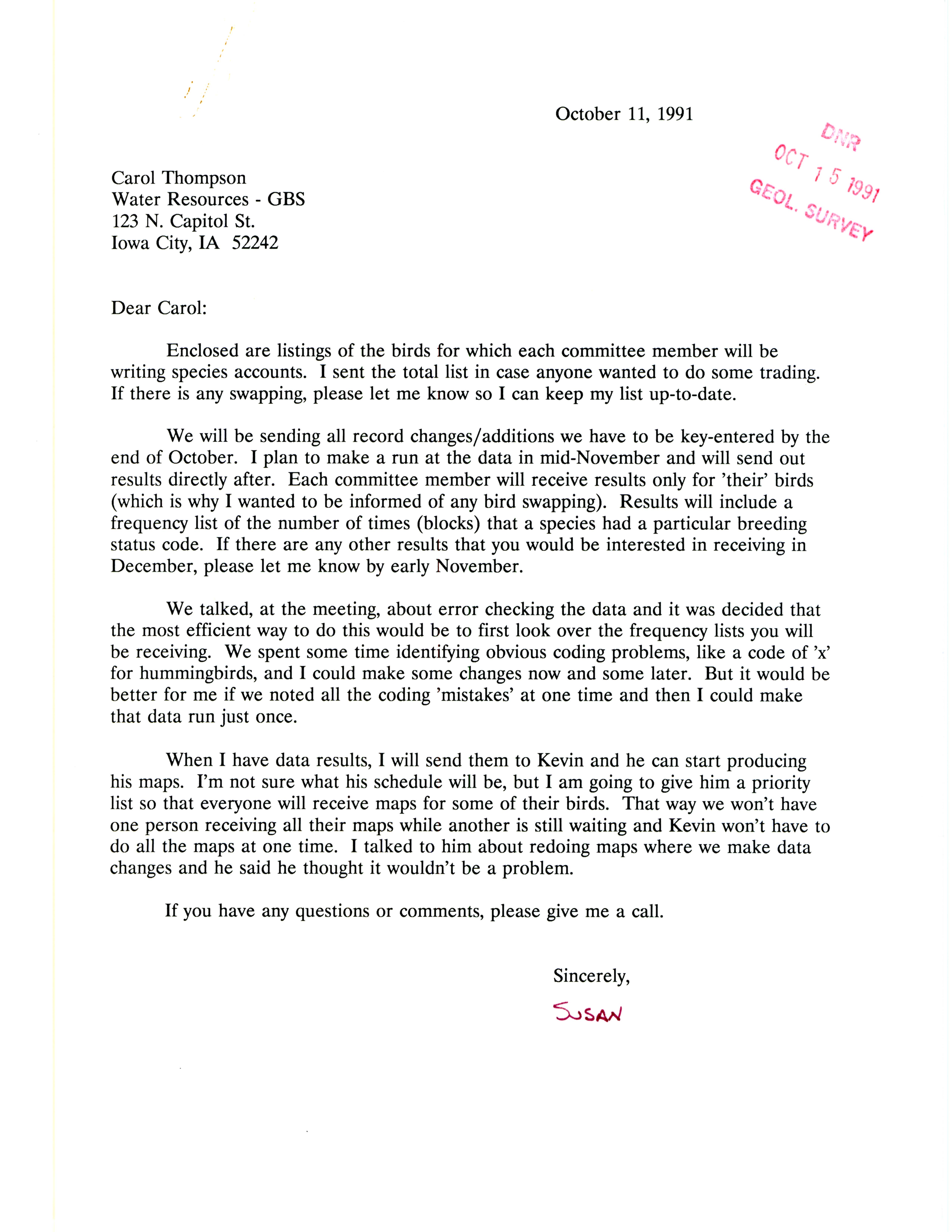 Letter to Carol A. Thompson regarding work on Breeding Bird Atlas, October 11, 1991