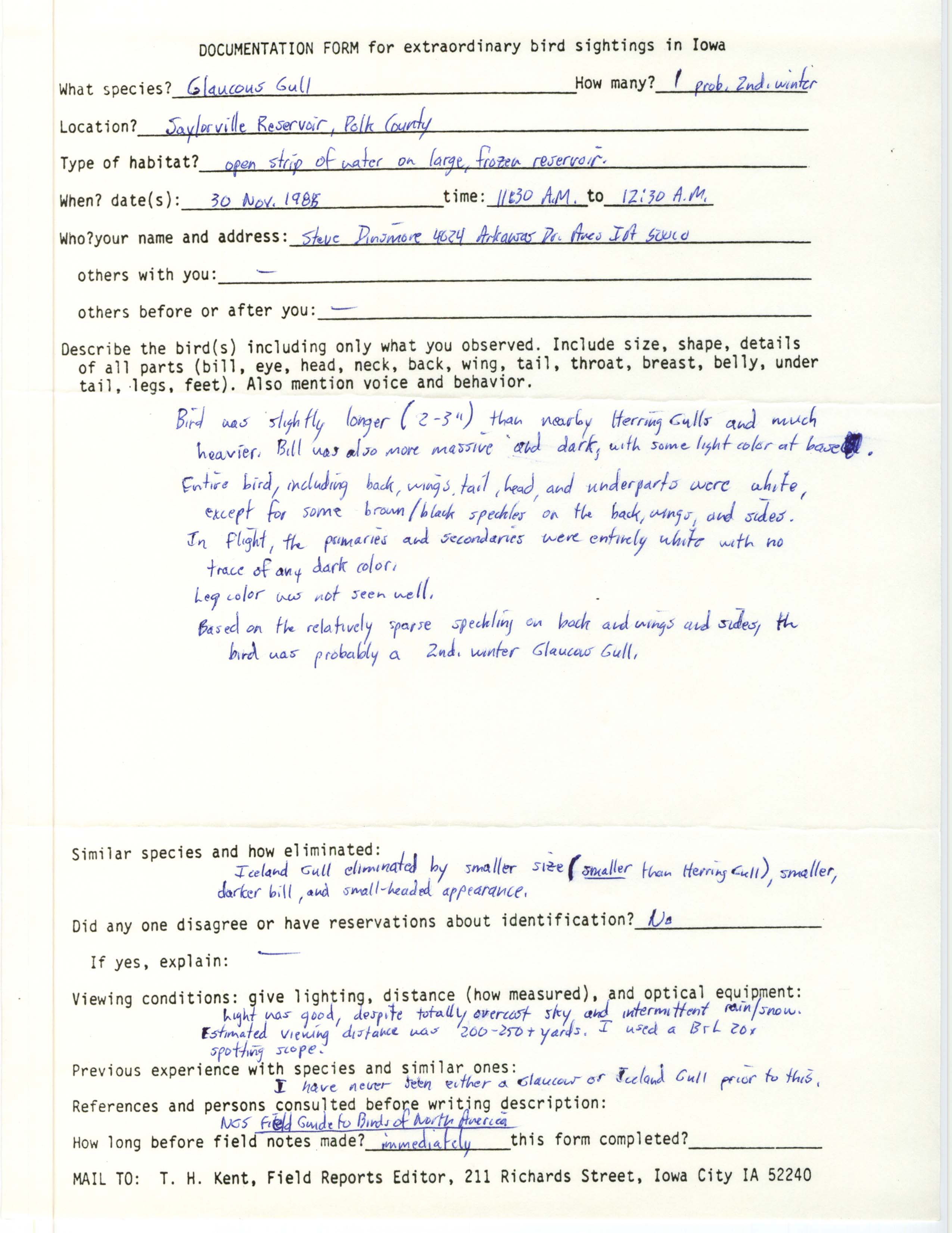 Rare bird documentation form for Glaucous Gull at Saylorville Reservoir, 1988