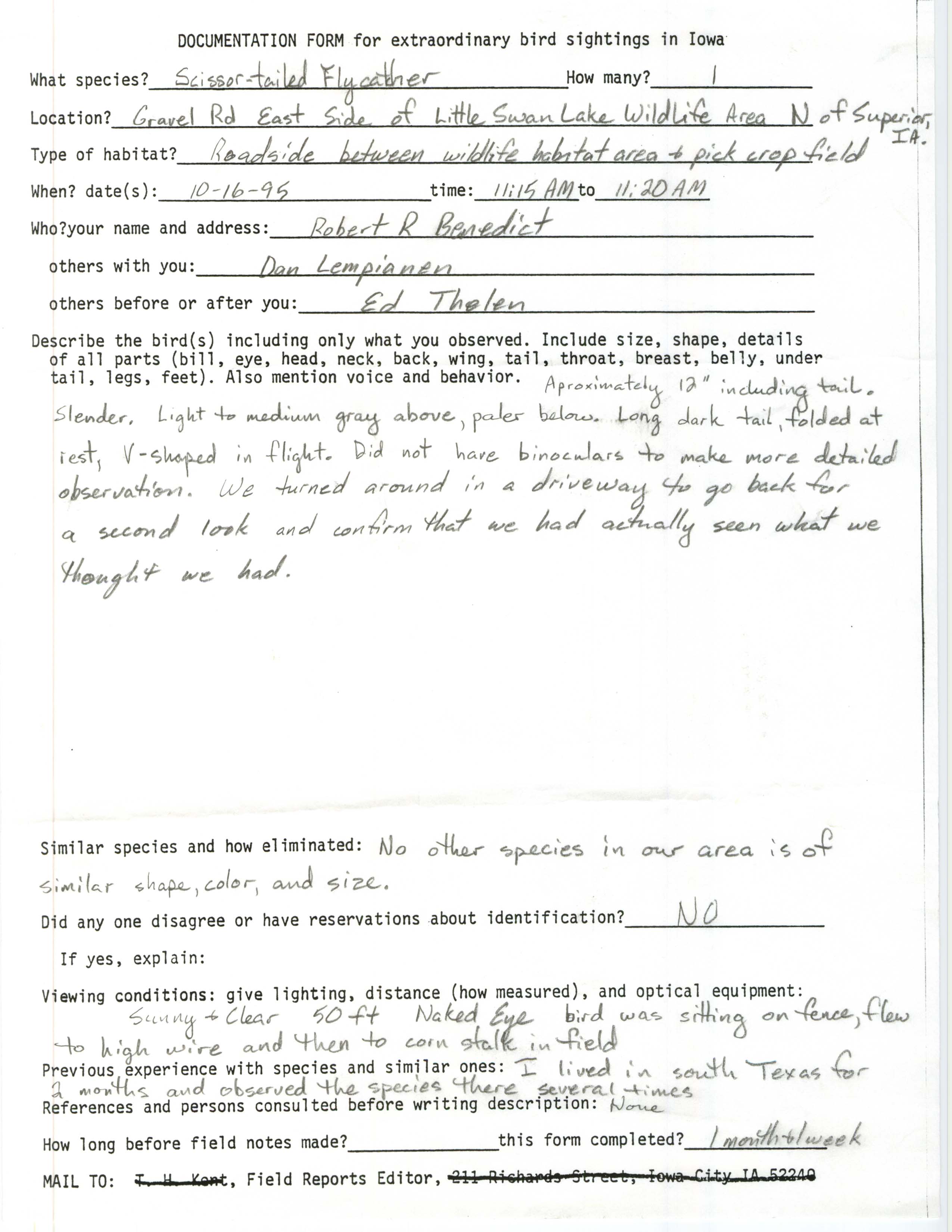 Rare bird documentation form for Scissor-tailed Flycatcher at Little Swan Lake Wildlife Area, 1995