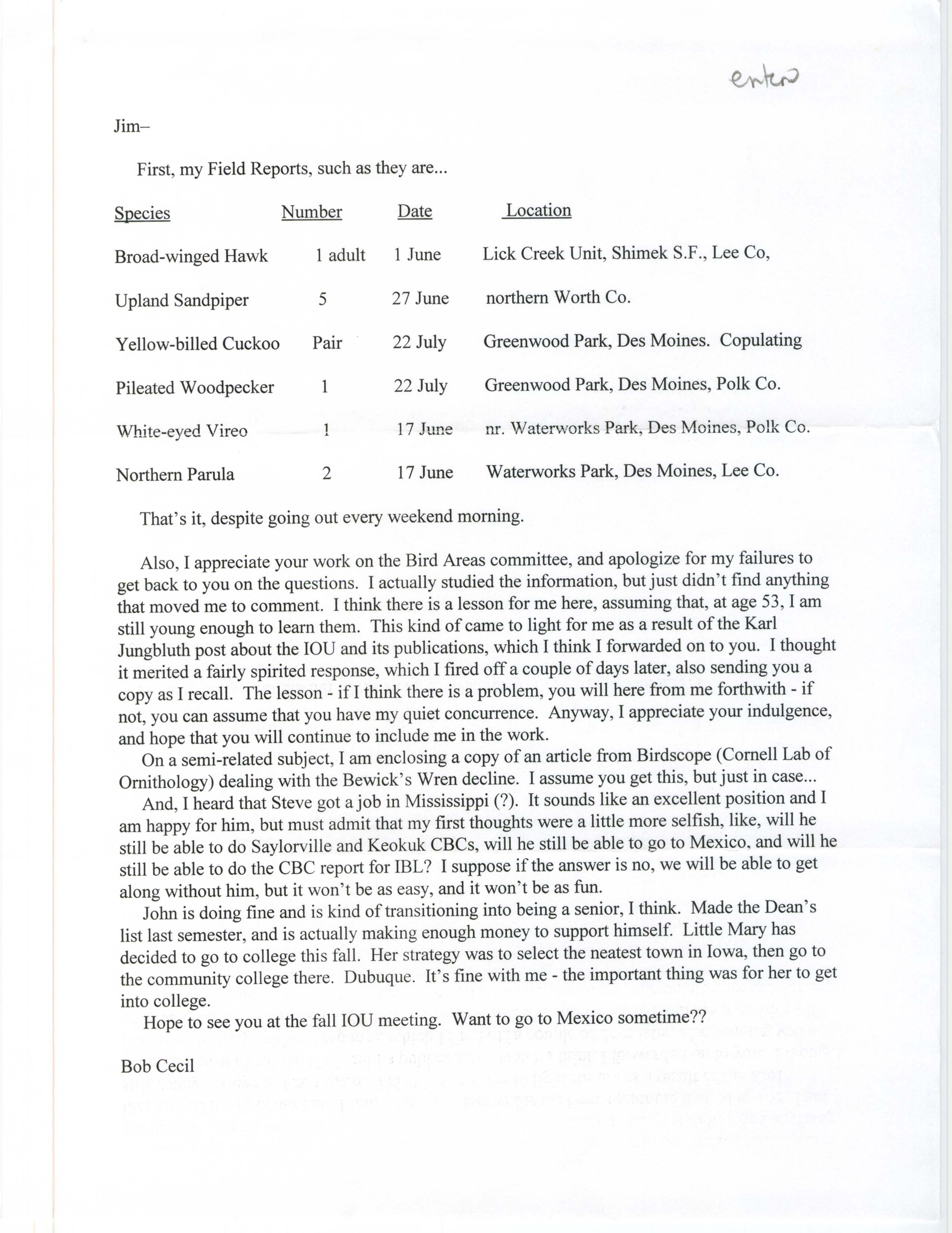 Robert I. Cecil letter to James J. Dinsmore regarding bird sightings, summer 2001