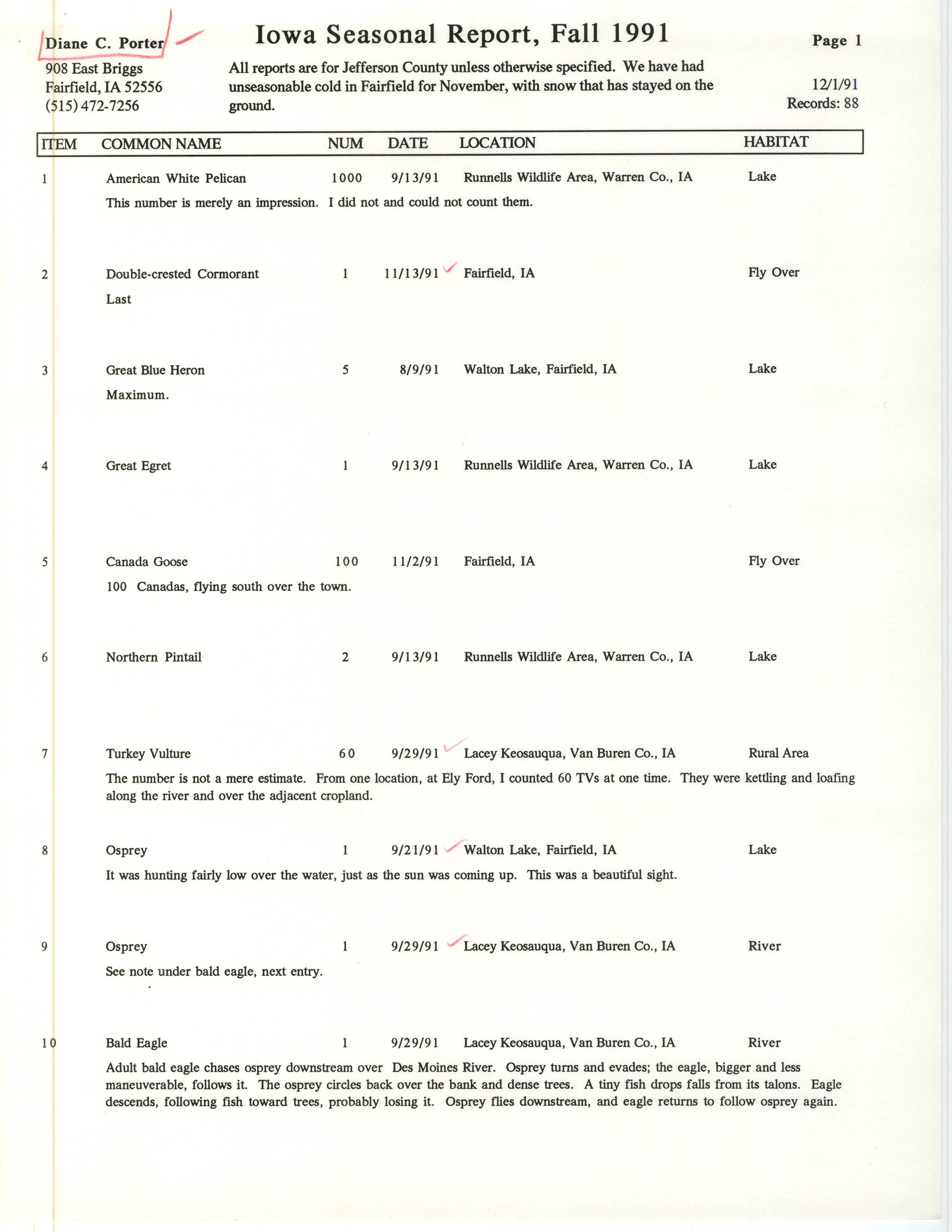 Iowa seasonal report, fall 1991, contributed by Diane C. Porter, December 1, 1991