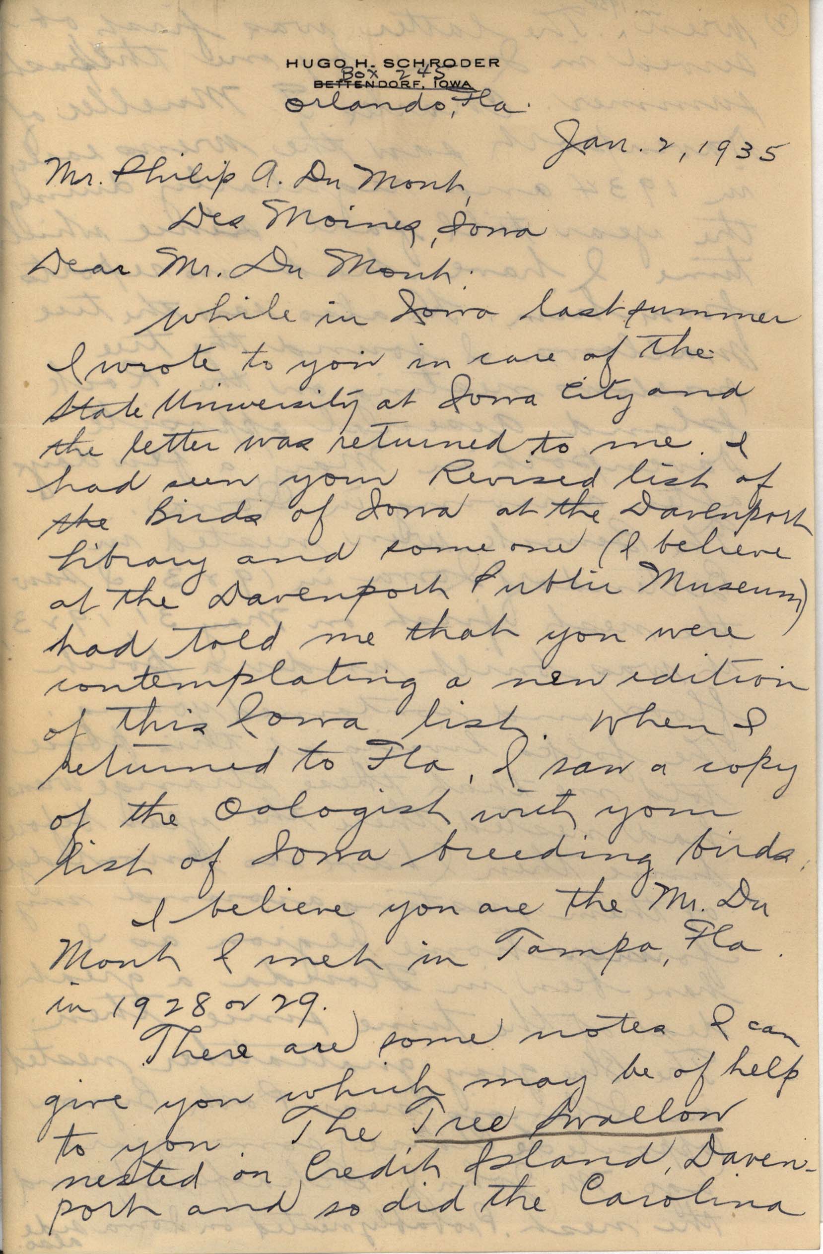 Hugo Schroder letter to Philip DuMont regarding nesting birds in Iowa, January 2, 1935