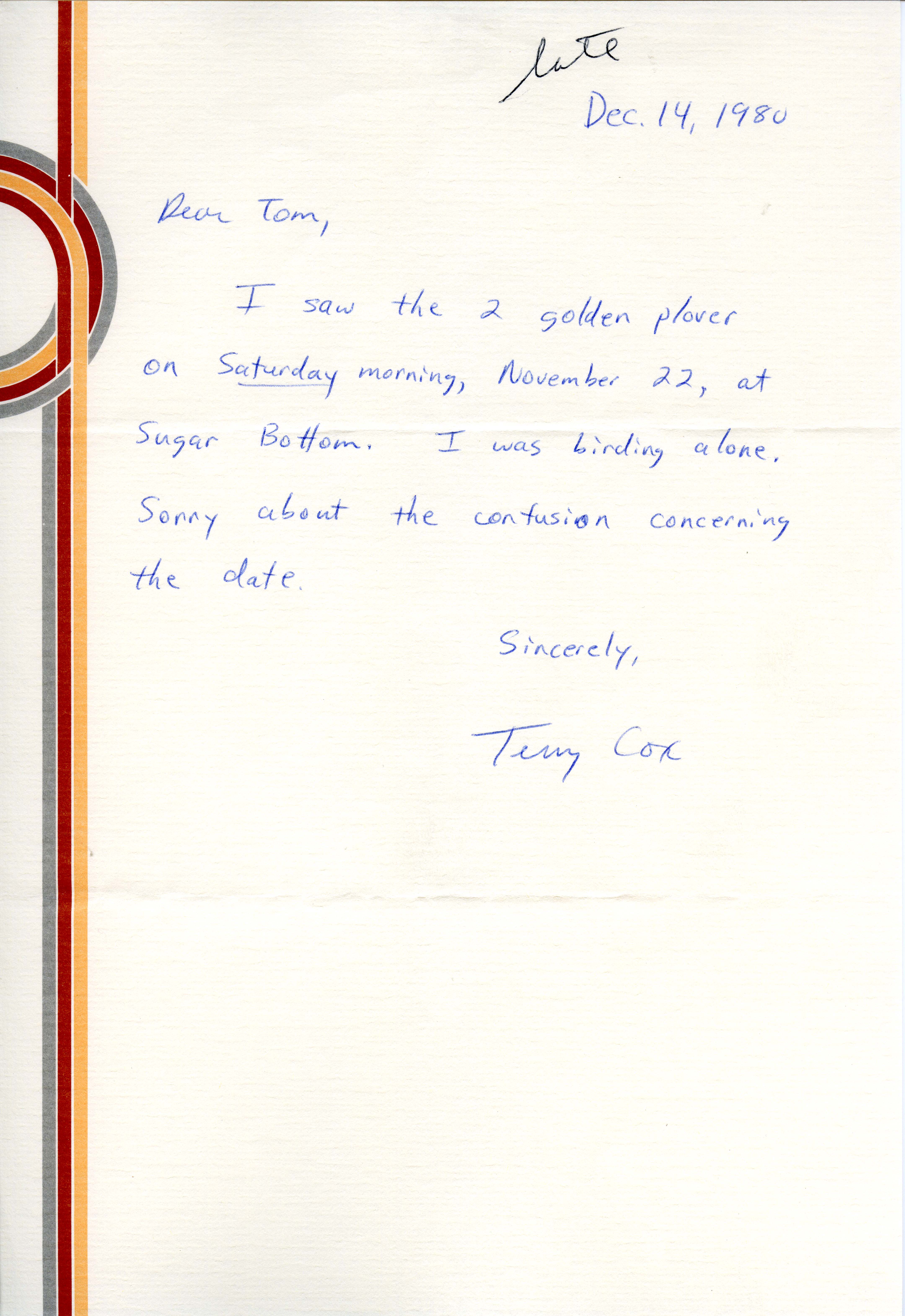 Terry Cox letter to Thomas Kent regarding Golden Plover sighting, December 14, 1980