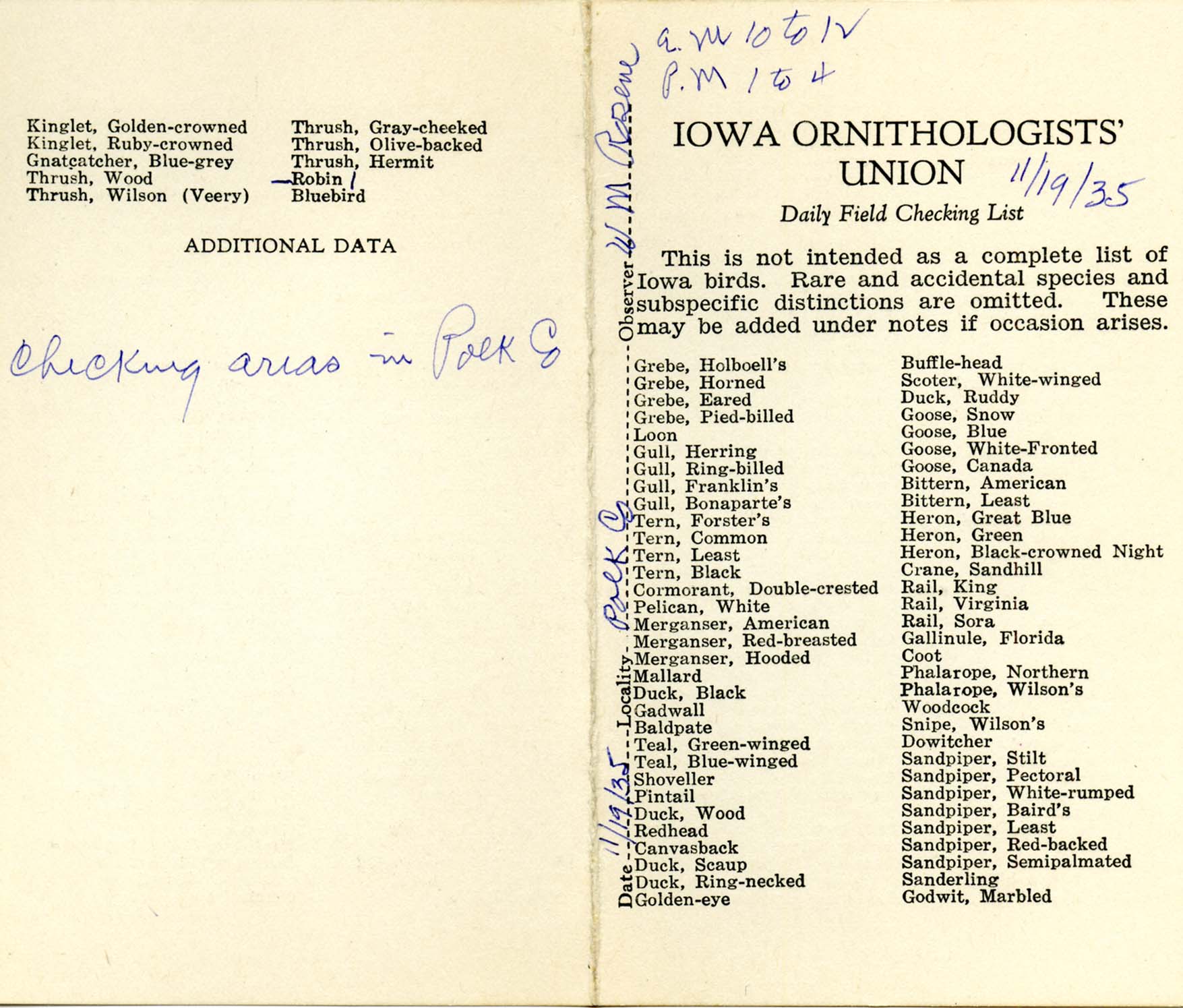 Daily field checking list, Walter Rosene, November 19, 1935