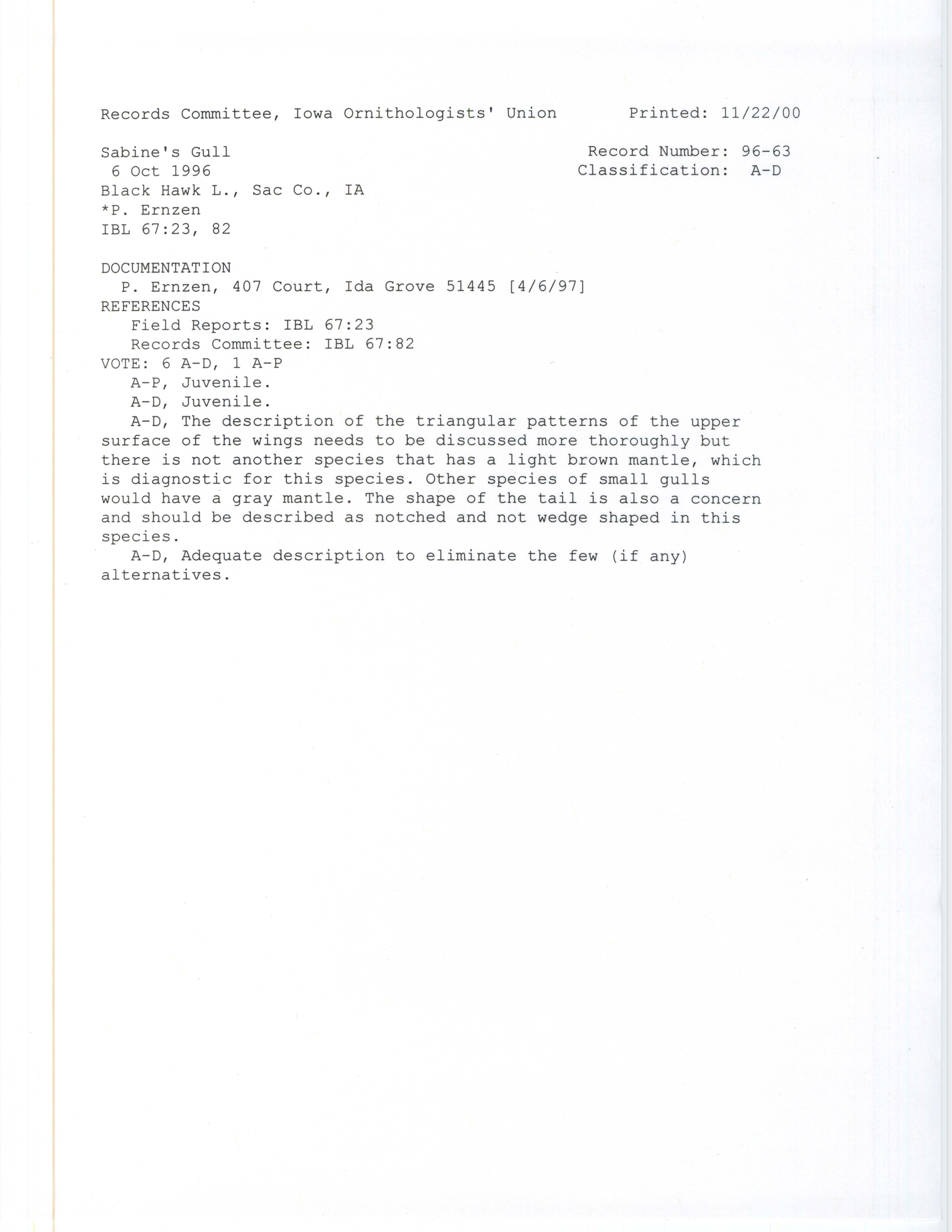 Records Committee review for rare bird sighting of Sabine's Gull at Black Hawk Lake, 1996