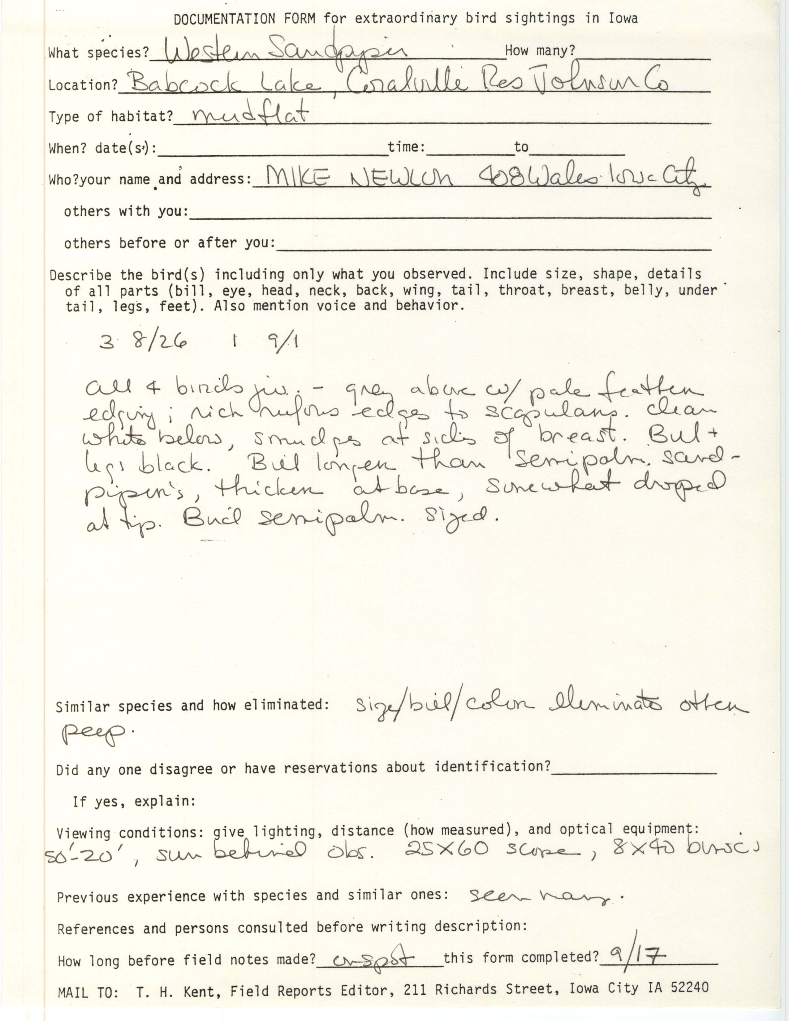Rare bird documentation form for Western Sandpiper at Babcock Lake in unknown year