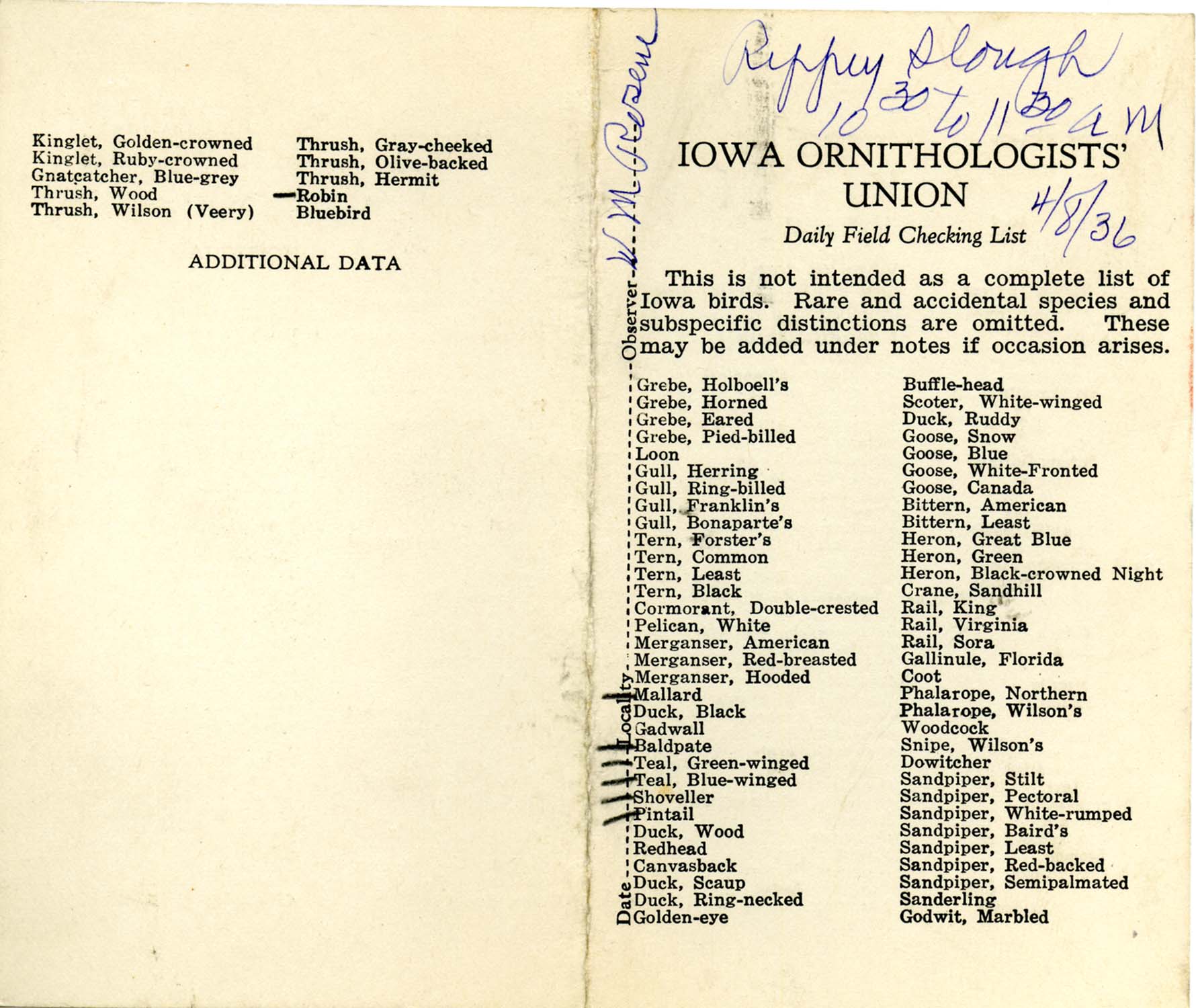 Daily field checking list by Walter Rosene, April 8, 1936