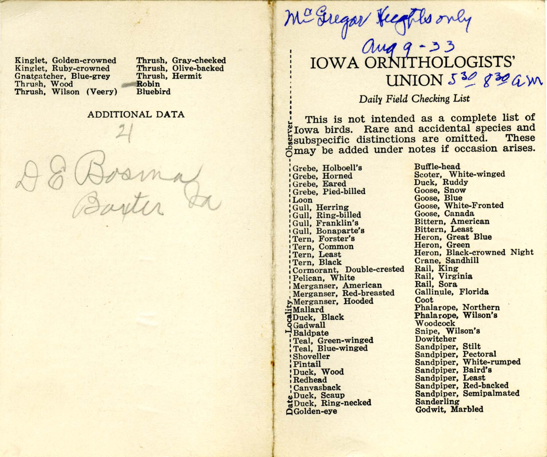 Daily field checking list, Walter Rosene, McGregor August 9, 1933
