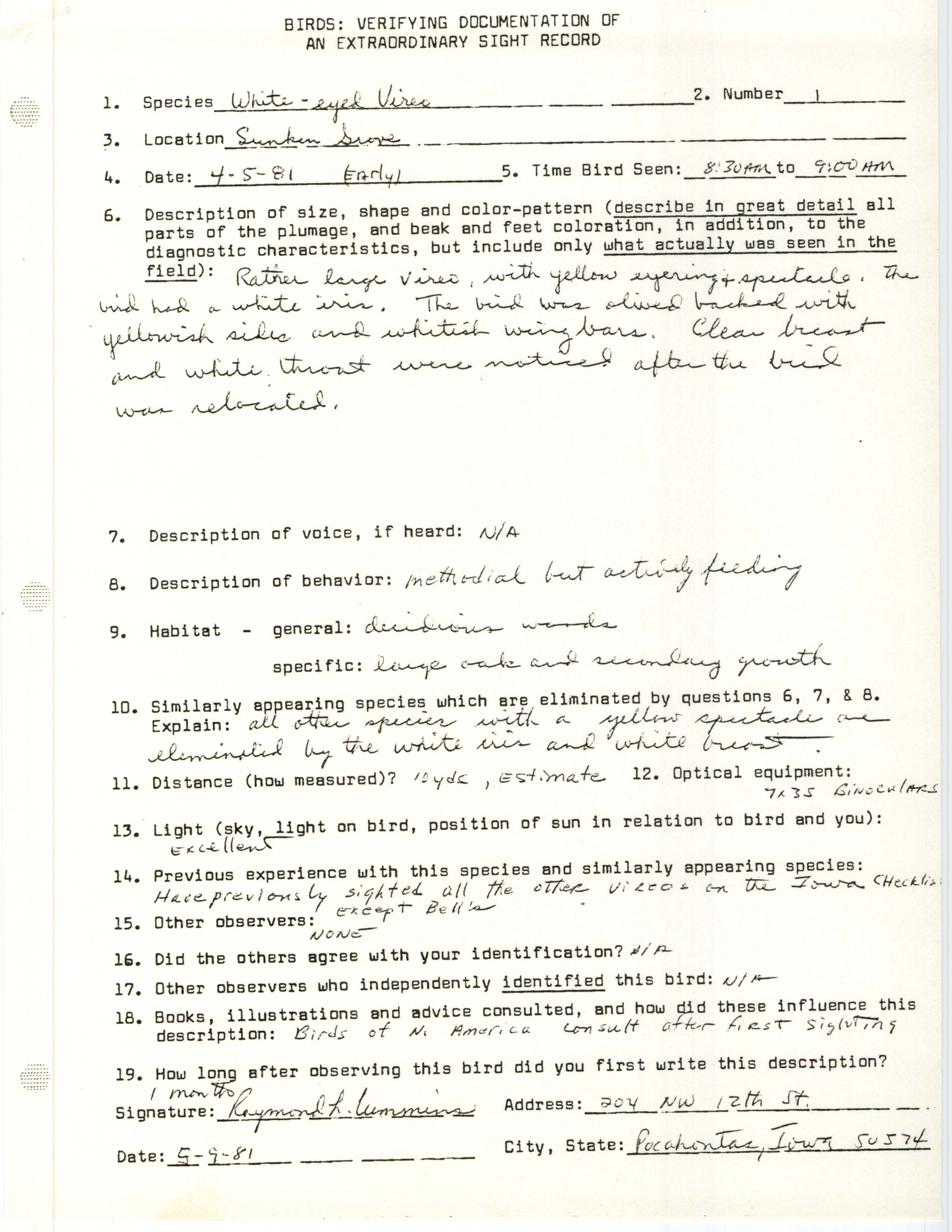 Rare bird documentation form for White-eyed Vireo at Sunken Grove, 1981
