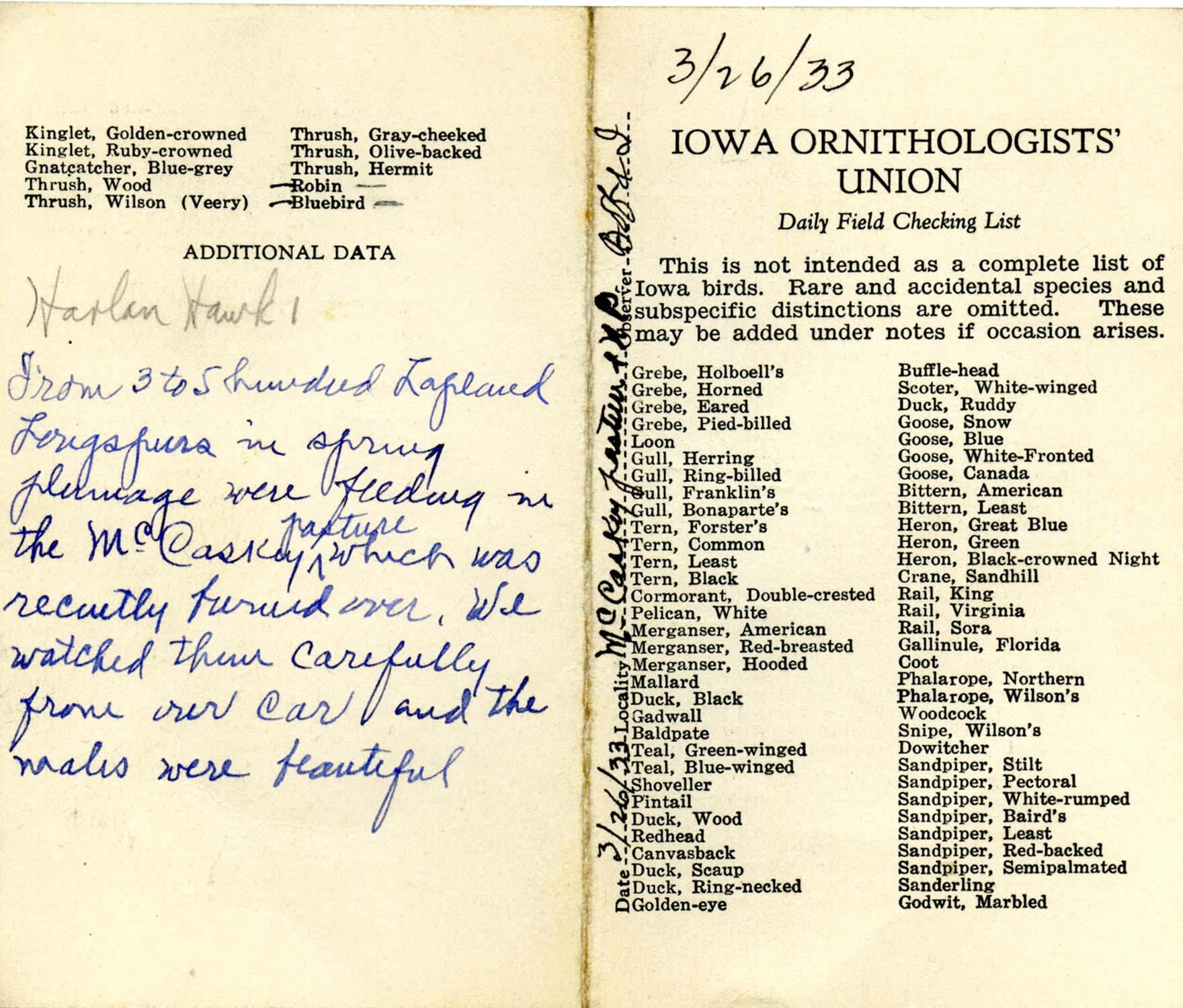 Daily field checking list, Walter Rosene, March 26, 1933