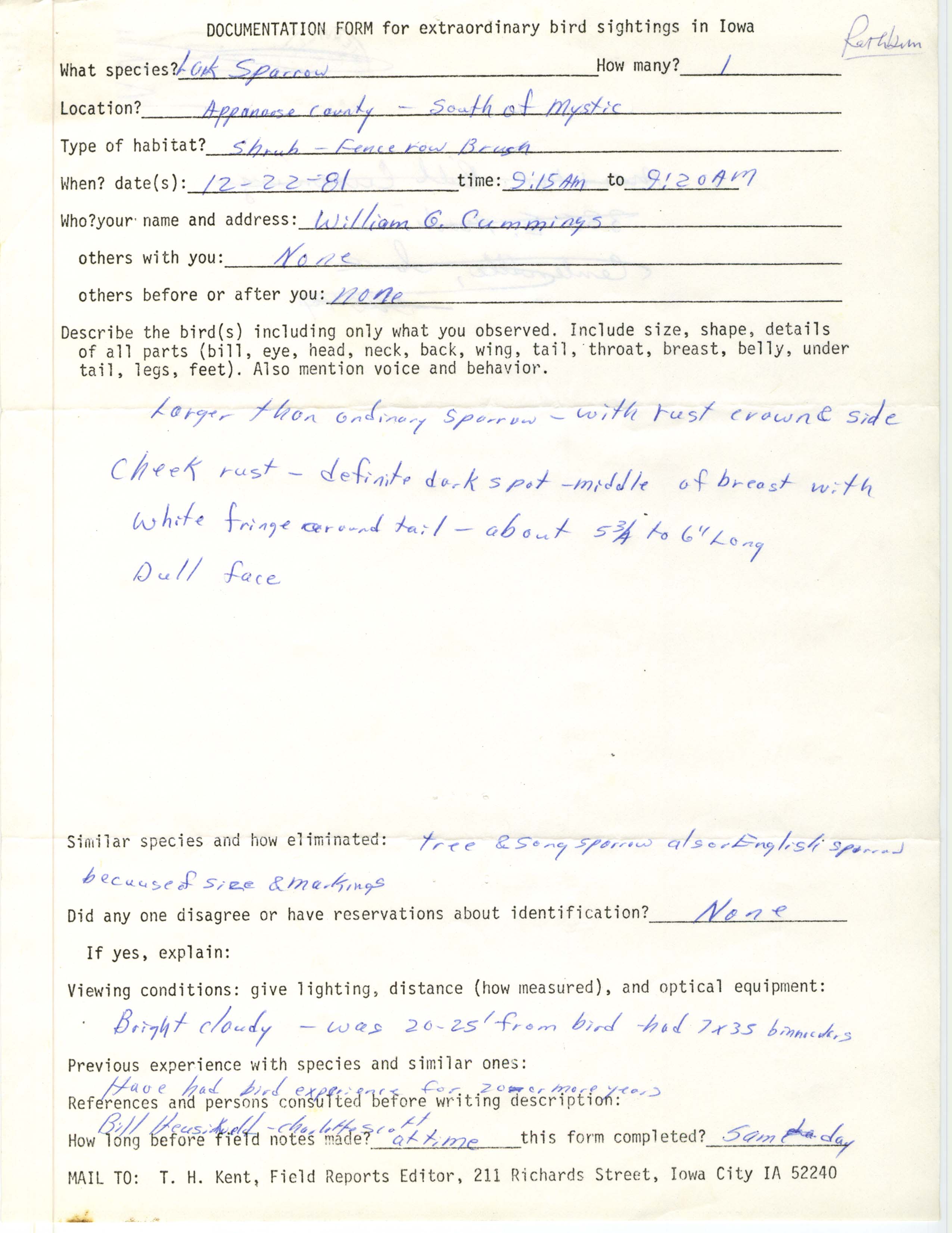 Rare bird documentation form for Lark Sparrow south of Mystic, 1981