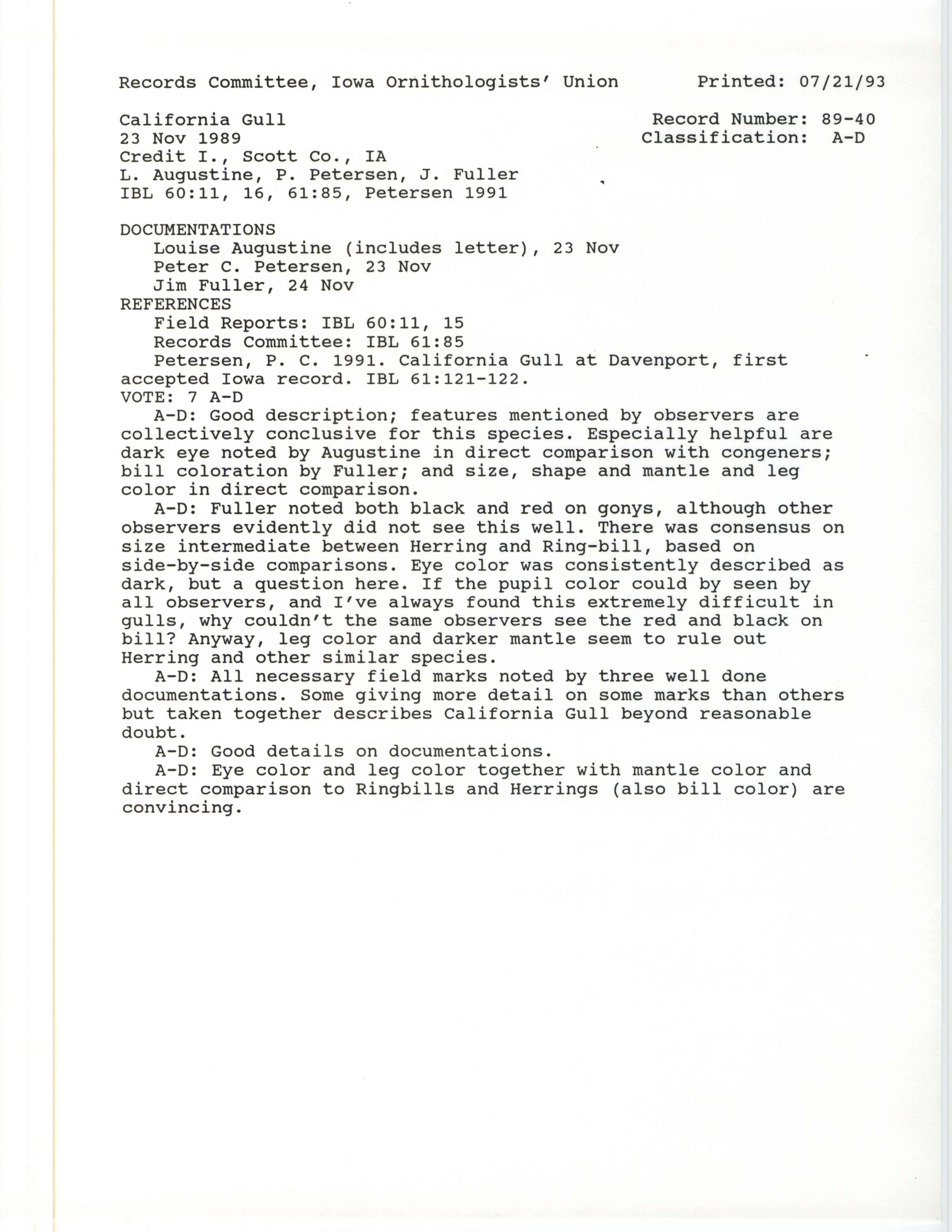 Records Committee review for rare bird sighting of California Gull at Credit Island, 1989
