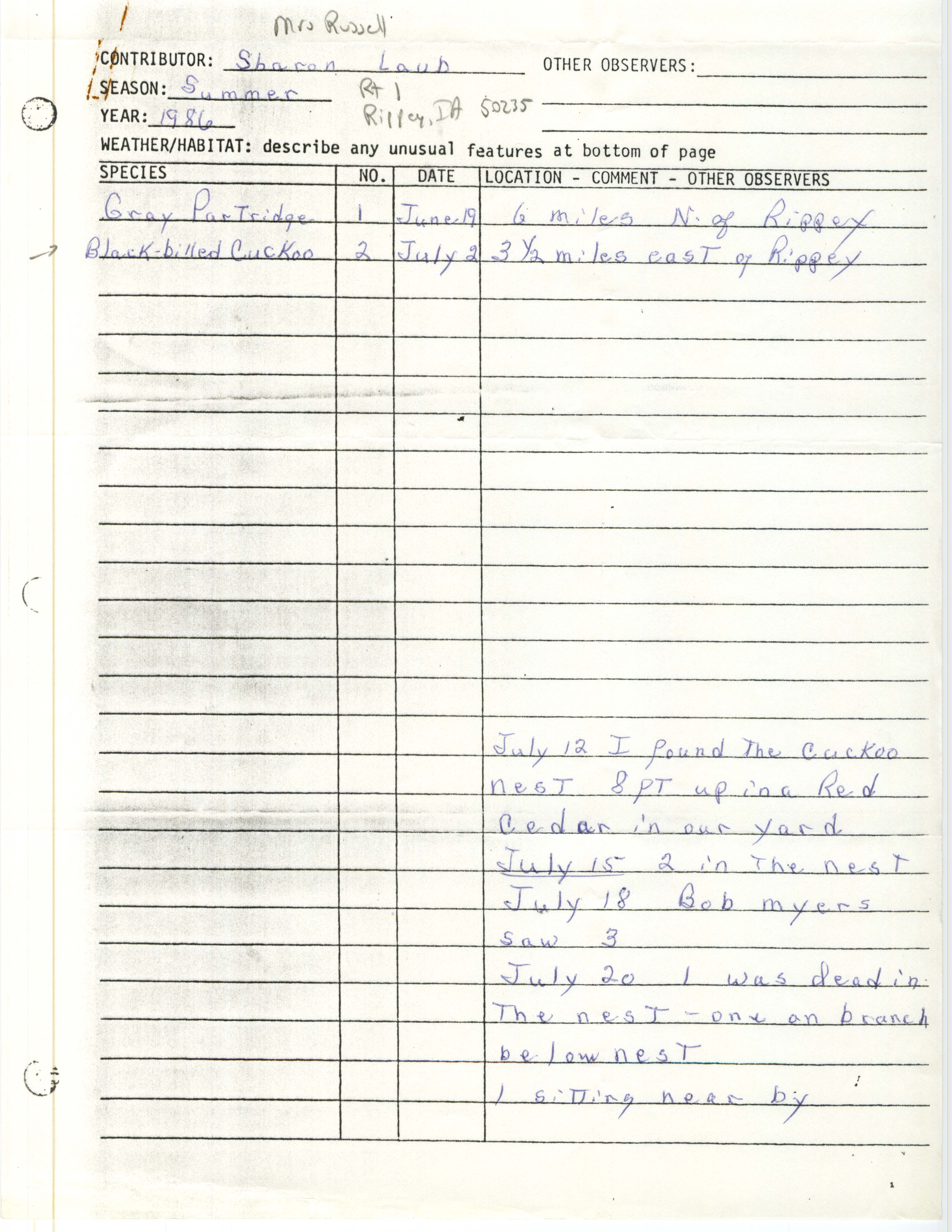 Field notes contributed by Sharon Laub, summer 1986