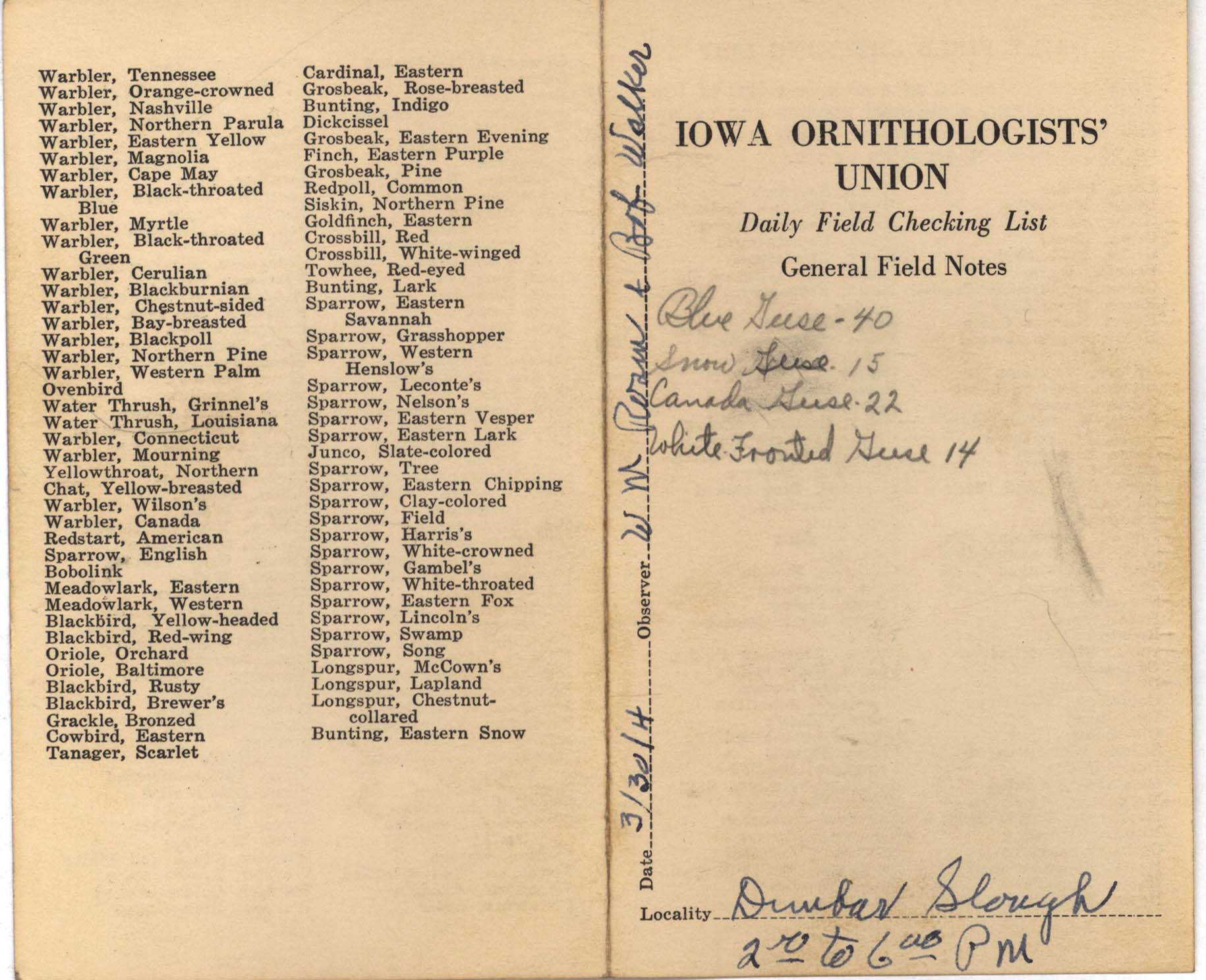 Daily field checking list by Walter Rosene, March 30, 1941