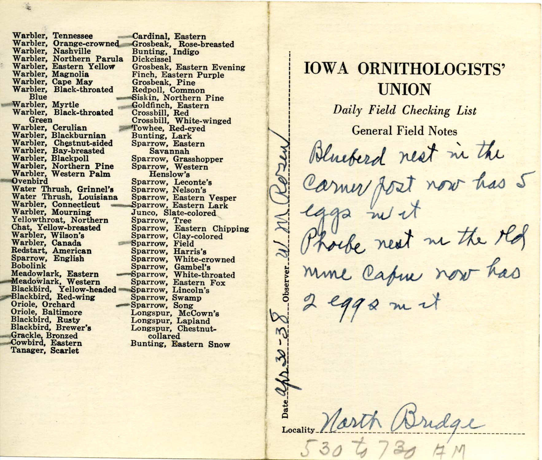 Daily field checking list by Walter Rosene, April 30, 1938